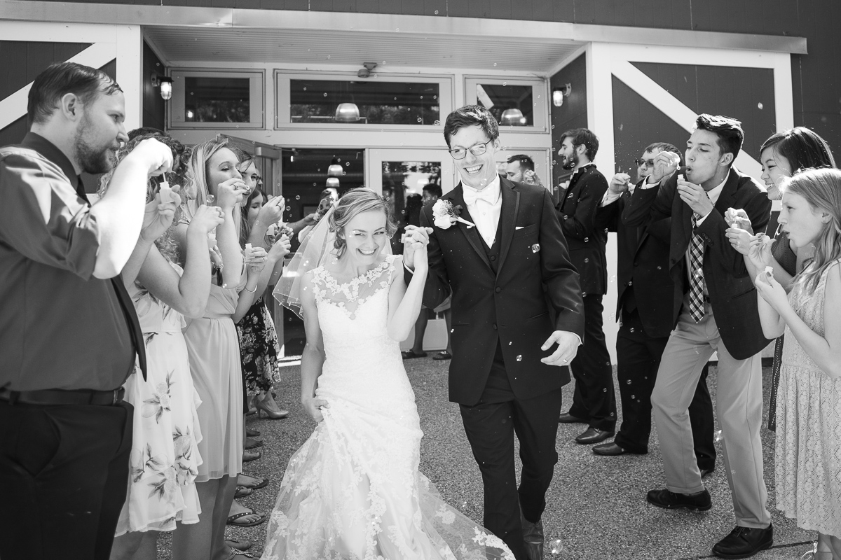 Bride and groom exiting wedding reception with bubbles. 