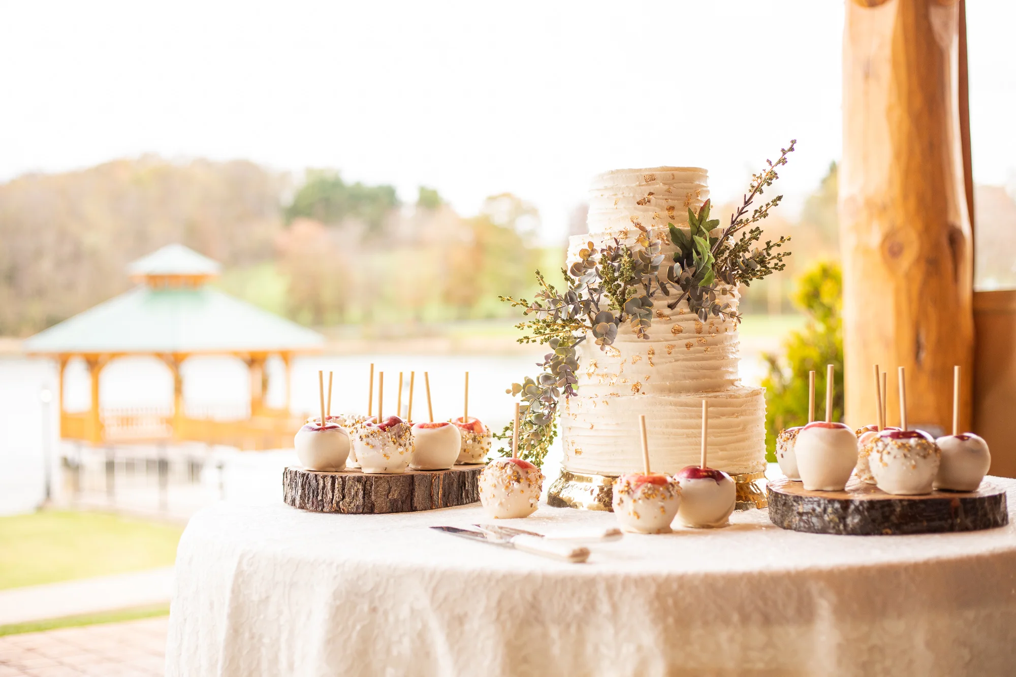 Nizhoni Bakery wedding cake and candied apples at autumn wedding styled shoot.