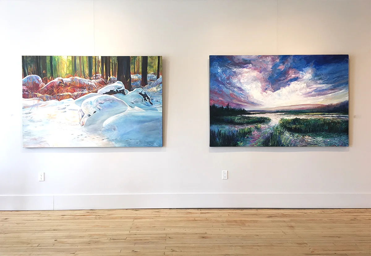 James Goodliff, Quietude install; Blanket of Snow, 2019, oil on canvas, 48 x 72 inches (left) and Algonquin Sky, 2019, oil on canvas, 48 x 72 inches (right).