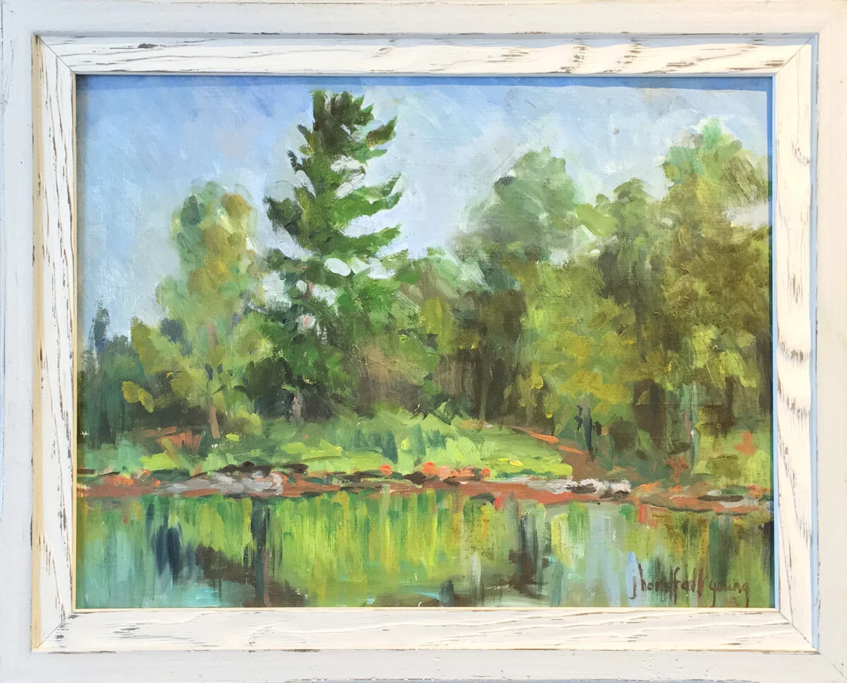 Joan Horsfall Young, Pine Trees at the Water's Edge , oil on masonite, 12 x 16 inches