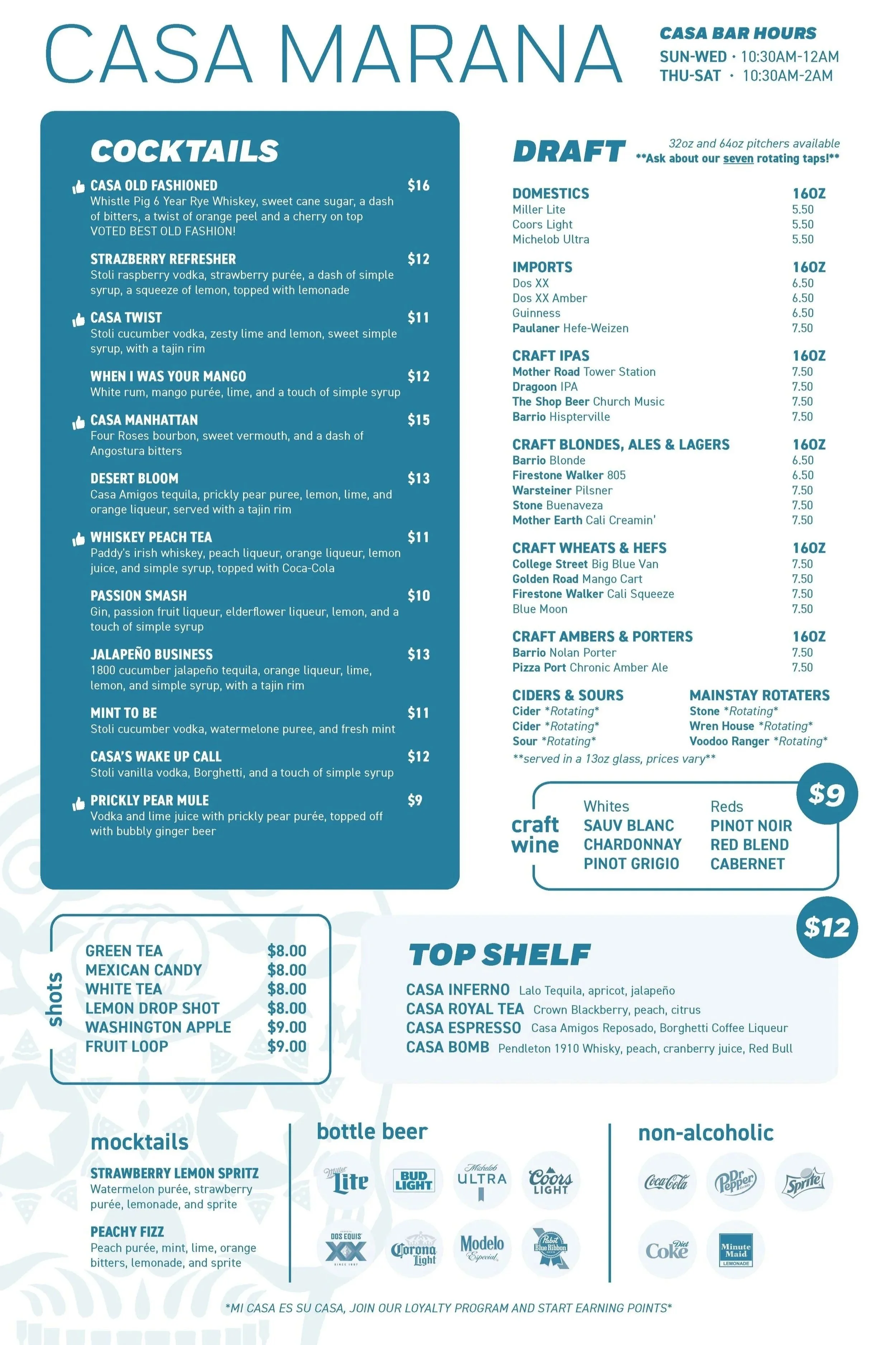 Menu for Casa Marana featuring cocktail drinks, draft beers, craft beers, craft wines, shots, mocktails, bottled beers, and non-alcoholic beverages, along with house hours.