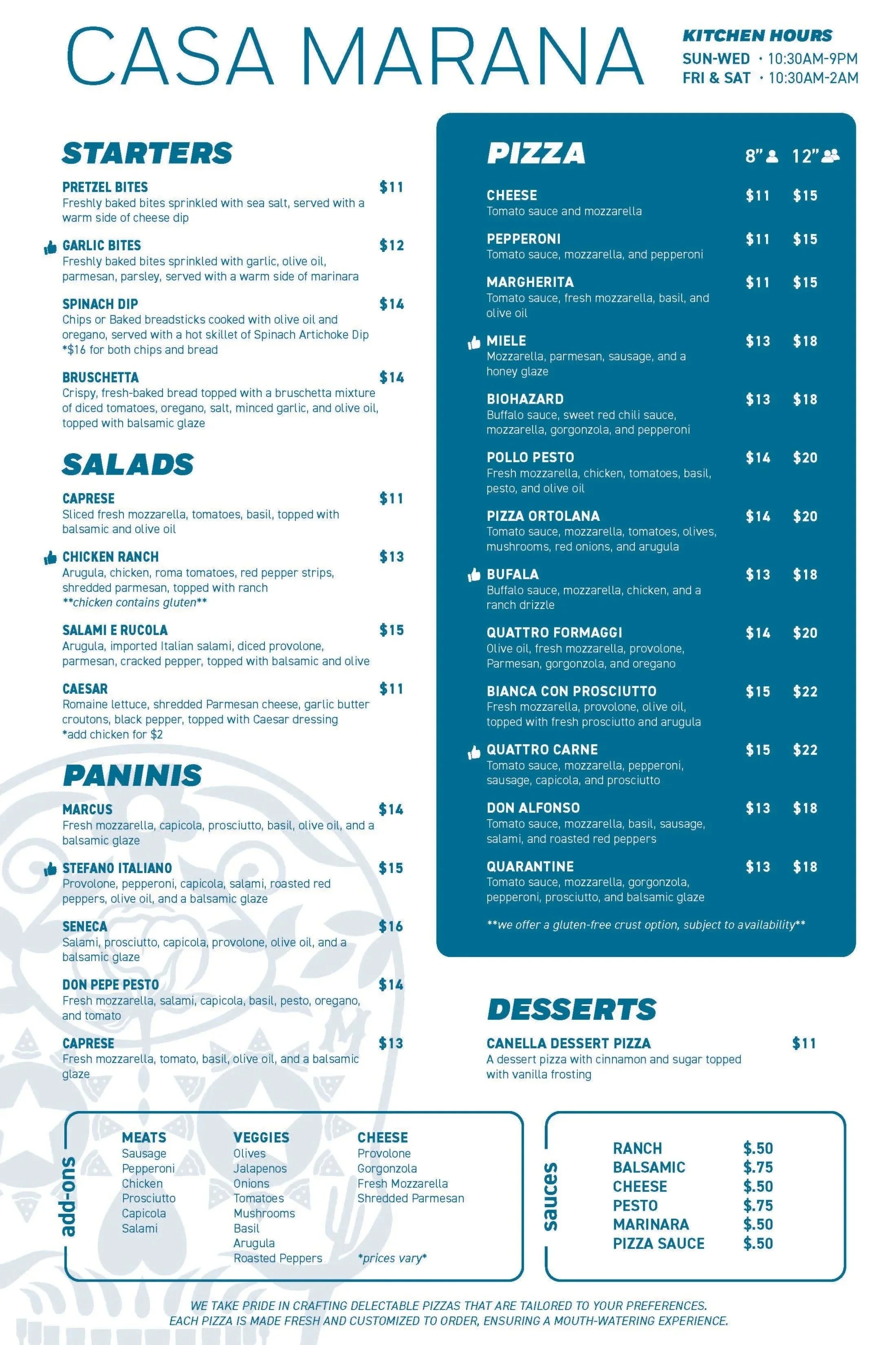 A menu from Casa Marana featuring starters, salads, paninis, pizza, and desserts, with kitchen hours and add-on options listed.