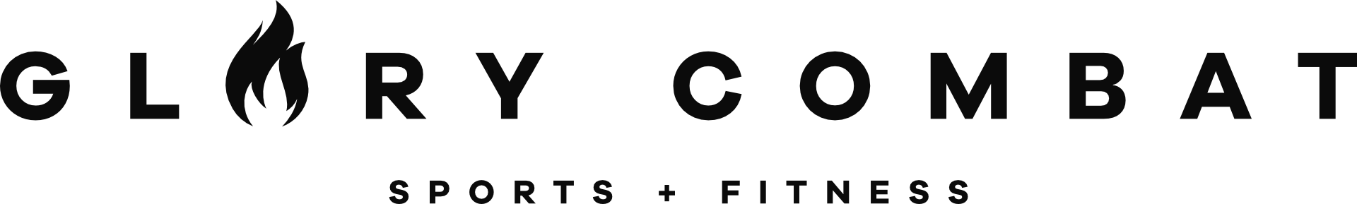 Glory Combat Sports and Fitness logo in black and white with a flame replacing the letter 'O' in 'Glory'.