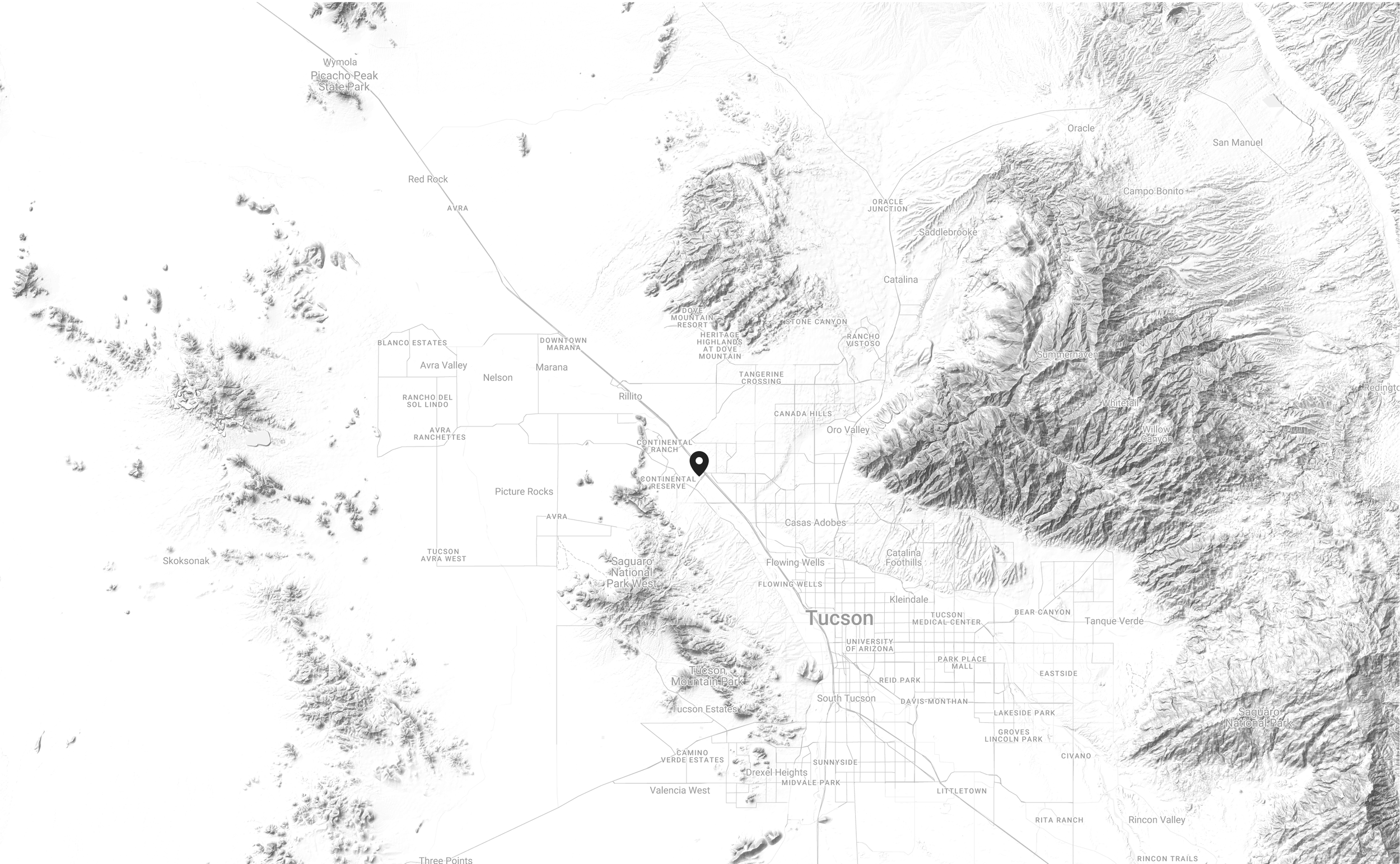 Map of Tucson, Arizona, showing surrounding neighborhoods and topography including mountains to the east and west.