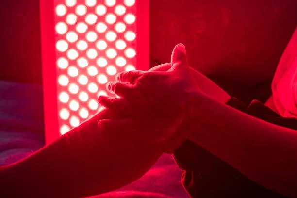 Two hands gripping each other in a room illuminated by red light, with a red glowing panel in the background.