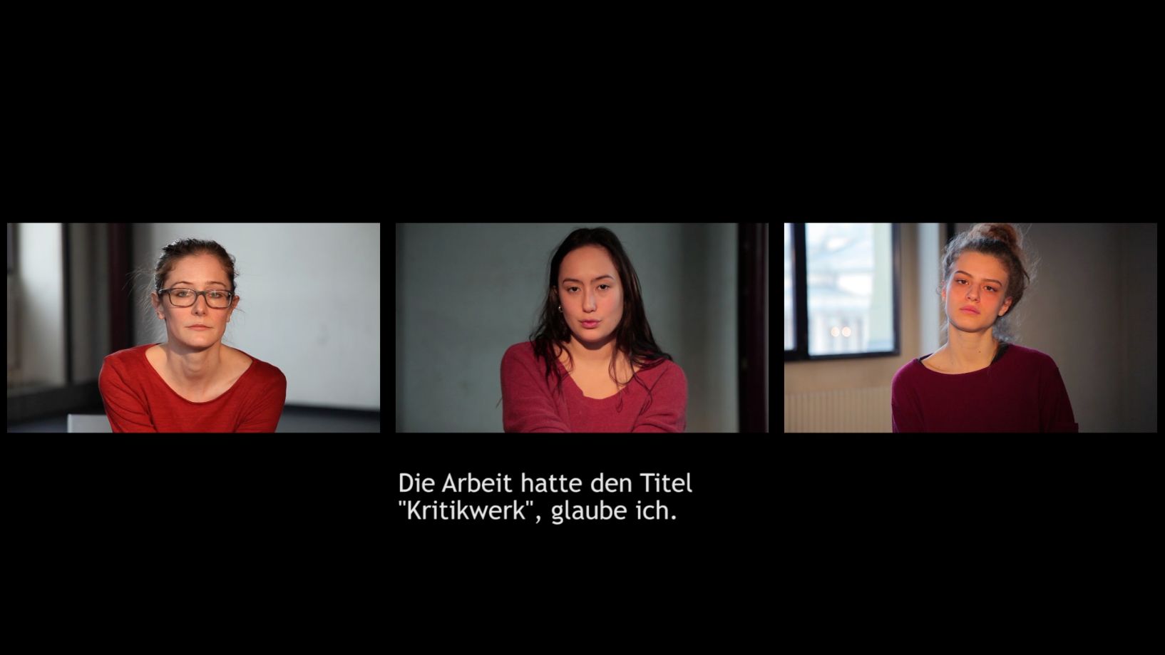 Video installation, 13min. In collaboration with Anna Königshofer . In French, English/German subtitles. Performer: Éléonore Chalié, Marie Cornil, Anne-Lisa Tacheron.
