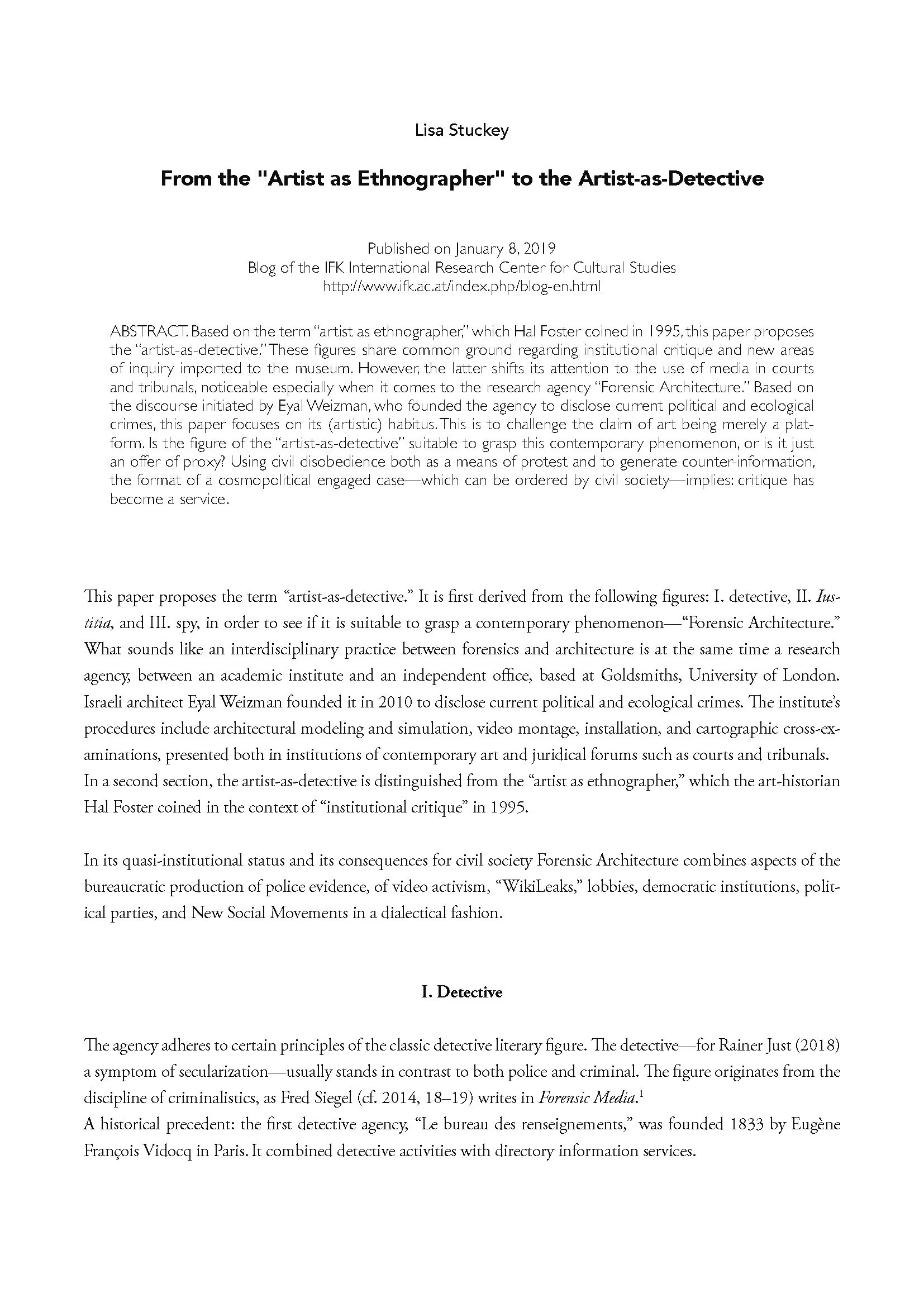 From the "Artist as Ethnographer" to the Artist-as-Detective