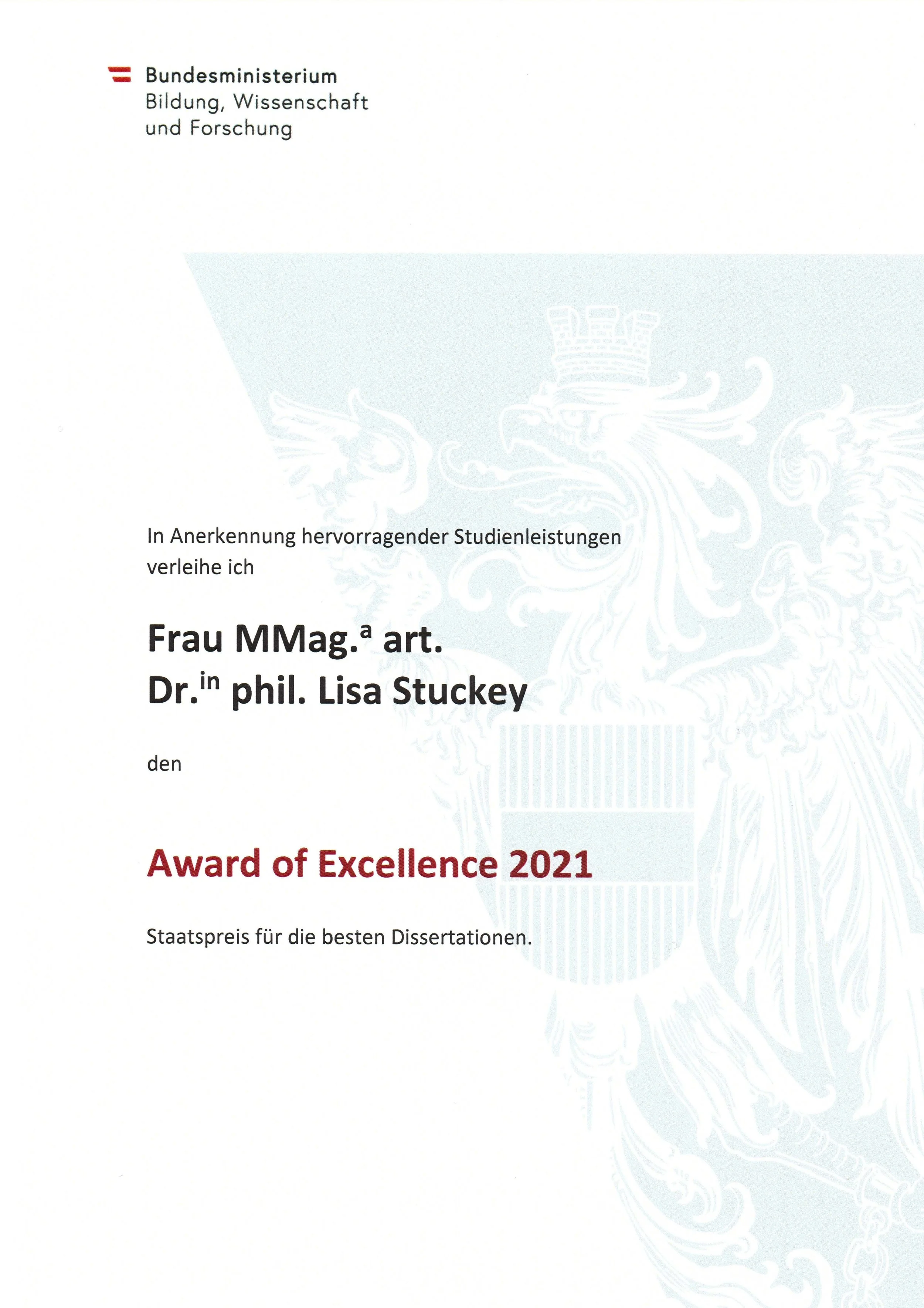 Award of Excellence 2021 — Austrian Federal Ministry of Education, Science and Research