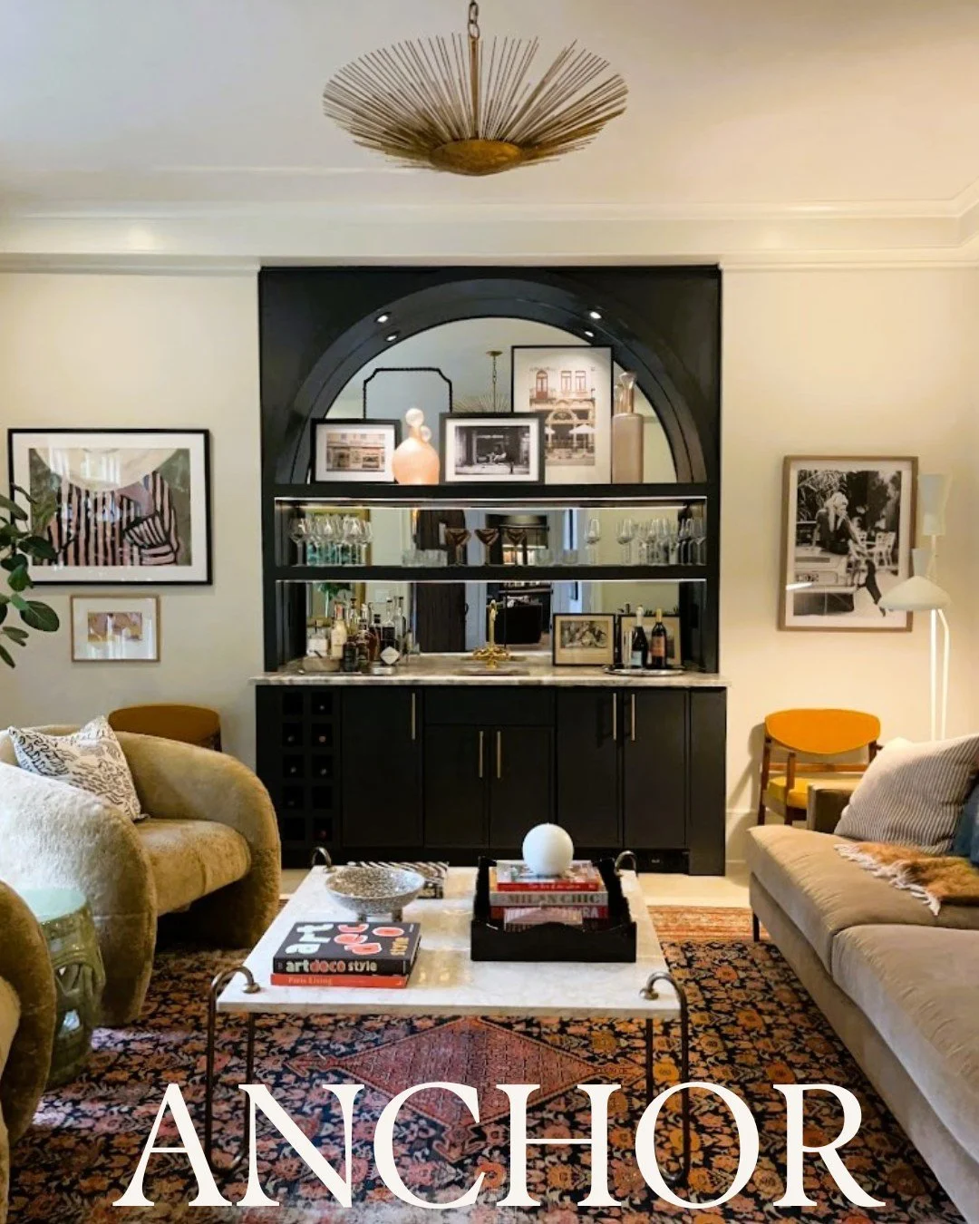 Short and sweet. A friend needed help visualizing a new wet bar to anchor a room. Working together, we designed an arched niche to add depth and dimension to the room, creating a space perfect for an after-dinner drink.