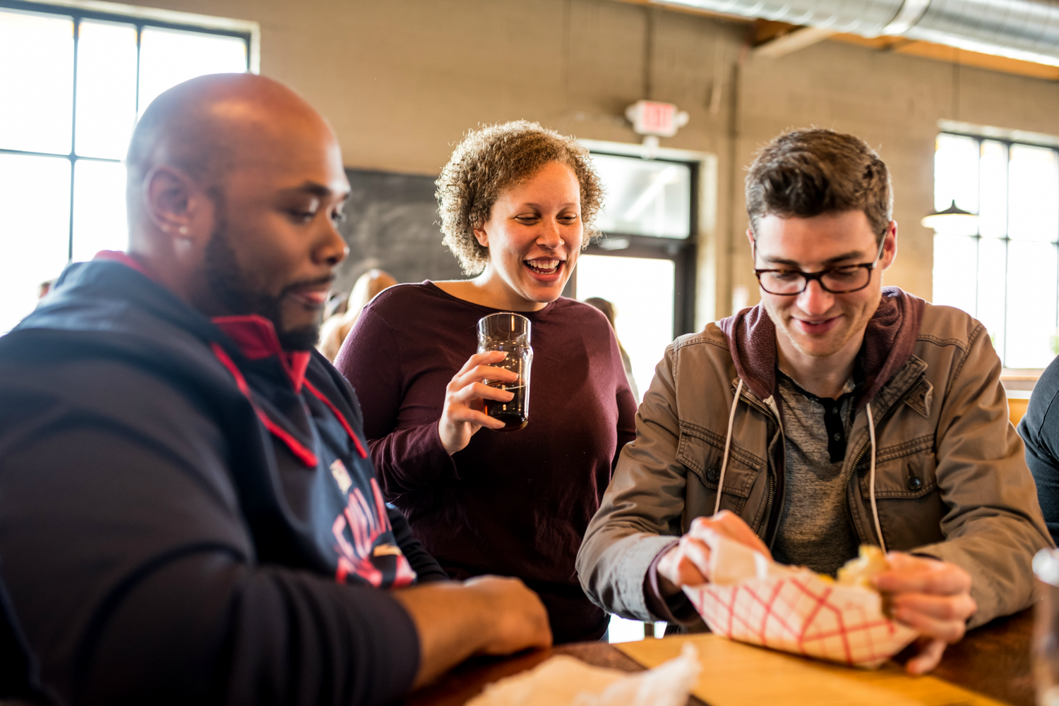 Bar seating and wood finishes inside Goldhorn Brewery