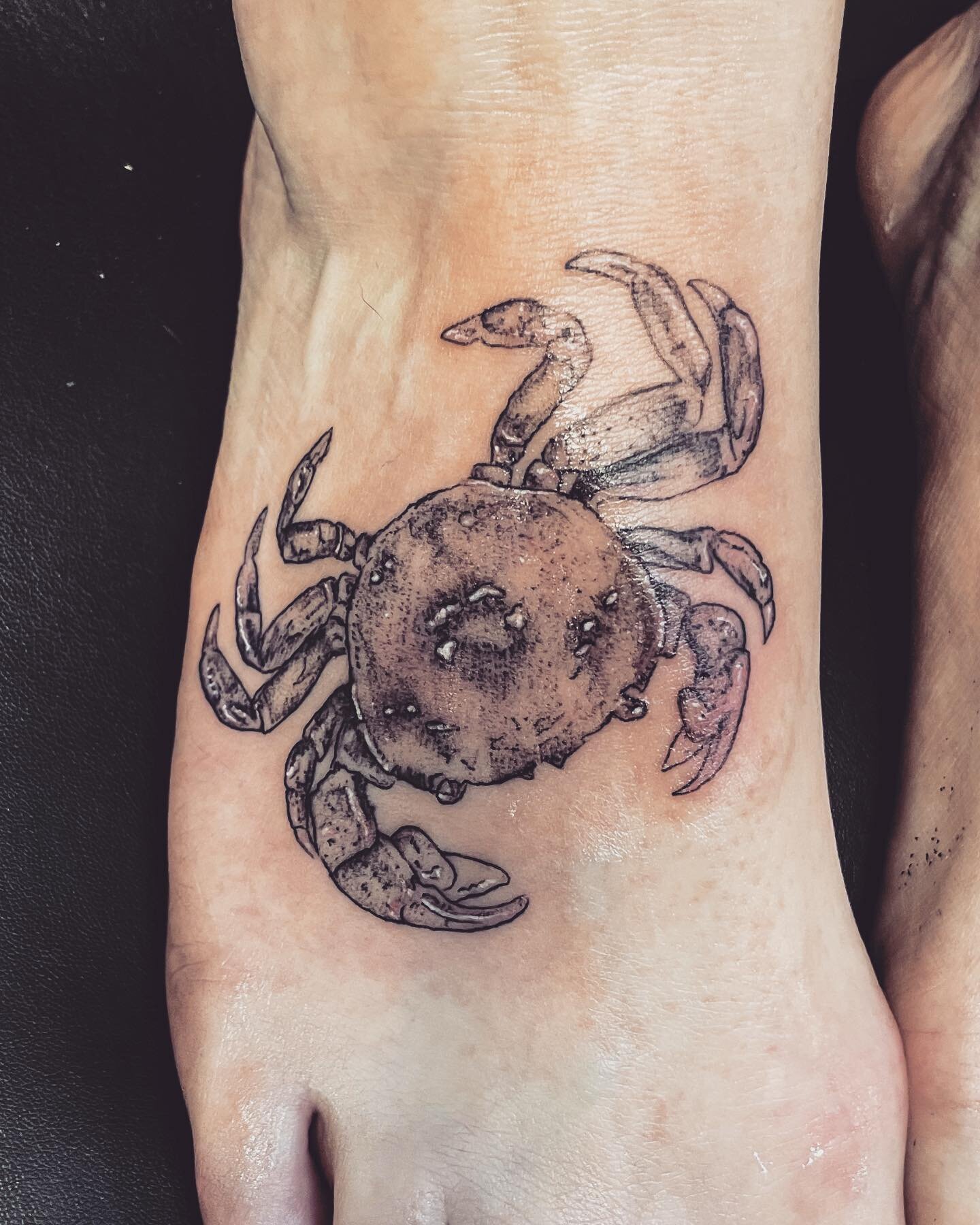A pair of crab friends for Stephanie 🦀 
&bull;
&bull;
&bull;
#purpleshorecrab #dungeonesscrab #crabtattoo #marinelifetattoo #foottattoo