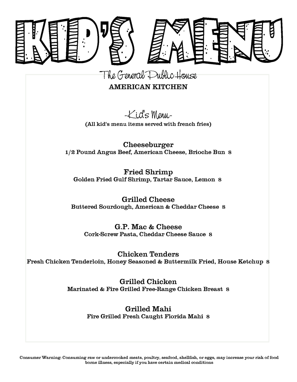 KIDS MENU — The General Public House