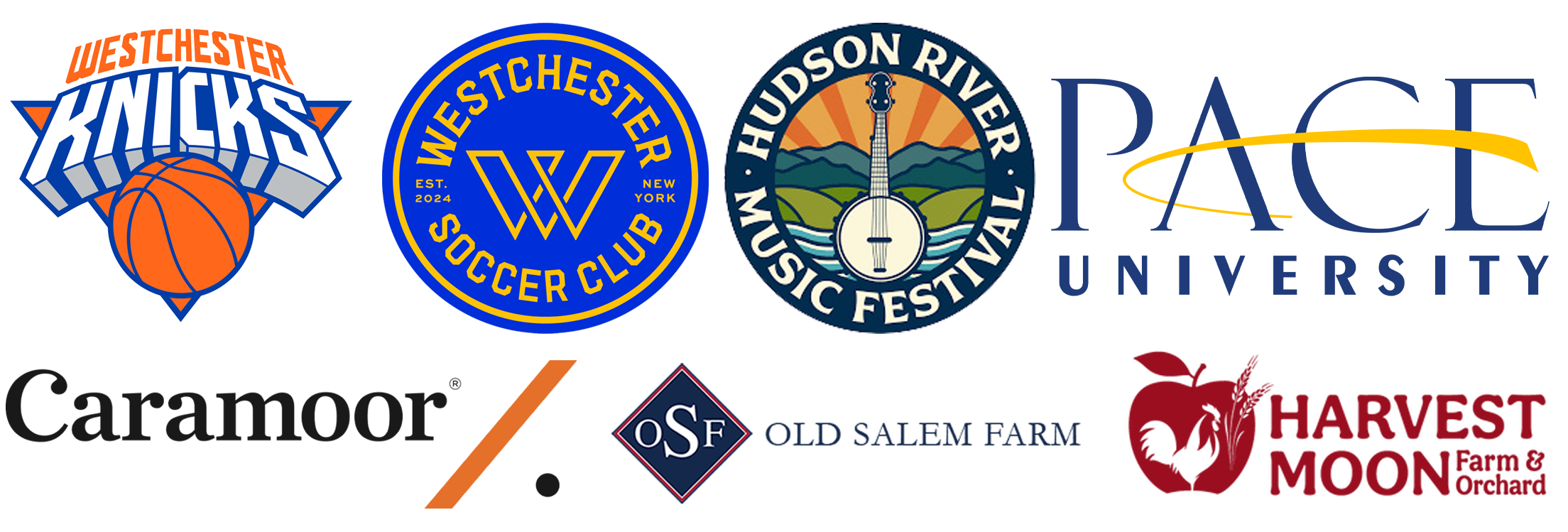 Logos of Westchester Knicks, Westchester Soccer Club, Hudson River Music Festival, Pace University, Harvest Moon Farm $ Orchard, Old Salem Farm, and Caramoor.