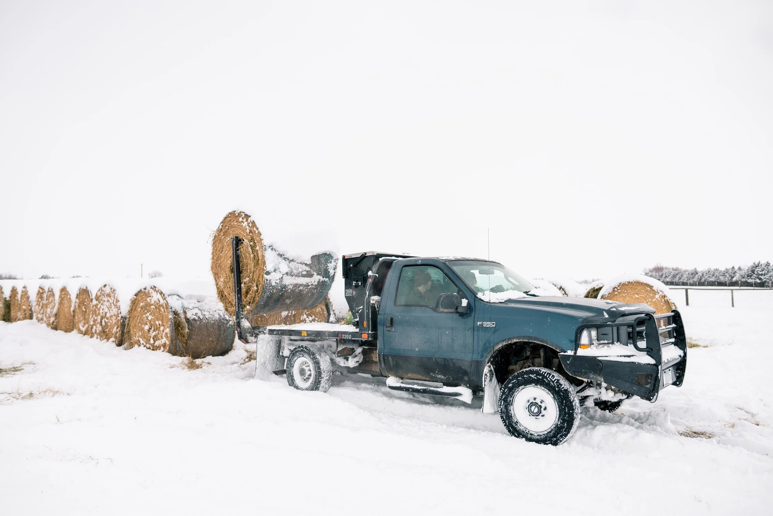 Using the pickup truck to get hay bales during winter.