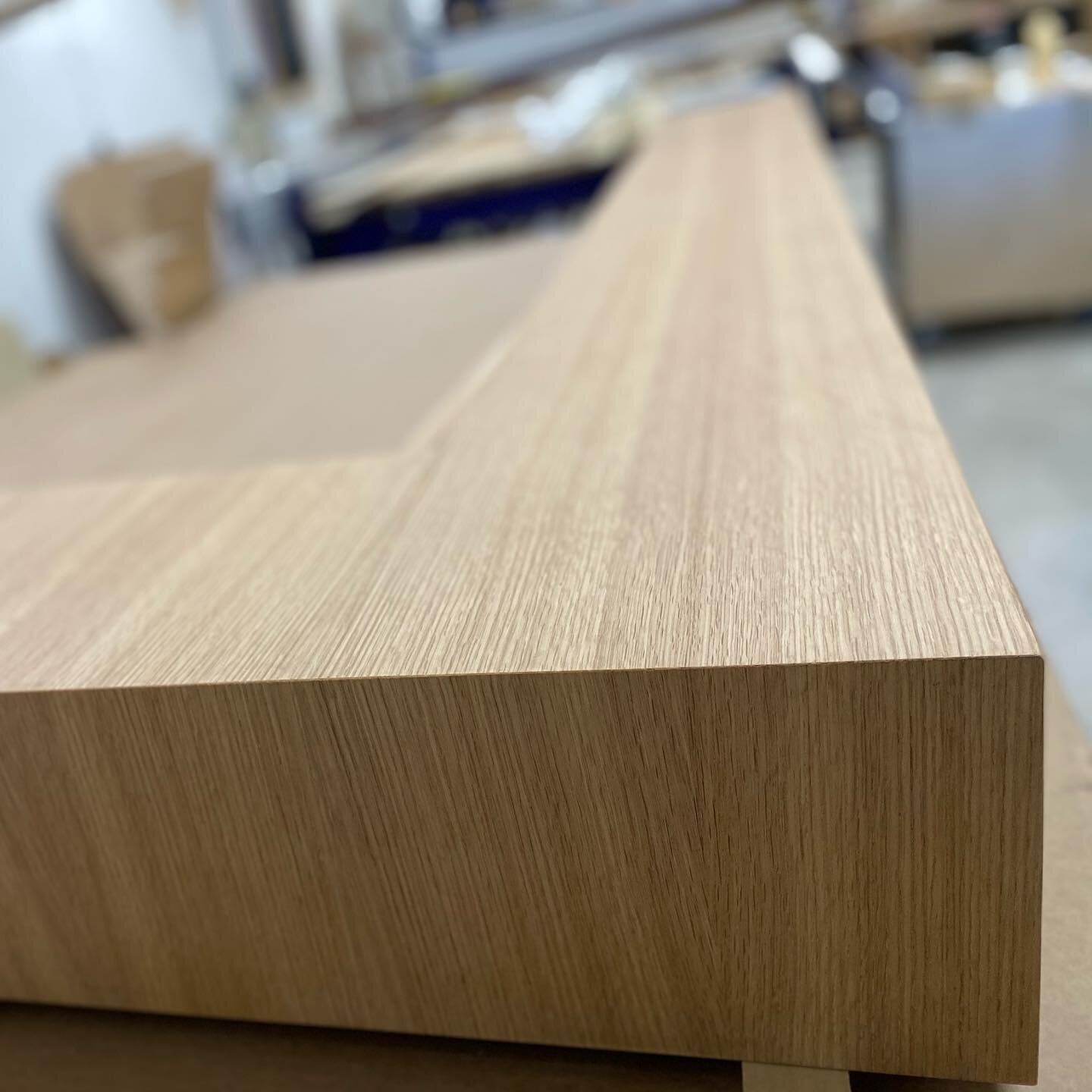 The cnc stood back and watched the ole&rsquo; Grizzly table saw do its thing with this asymmetrical reverse mantle.  3/4&rdquo; quartersawn white oak plywood mitered on all exposed edges. #quartersawnwhiteoak #asymmetricalmantle #reversemantle #grizz