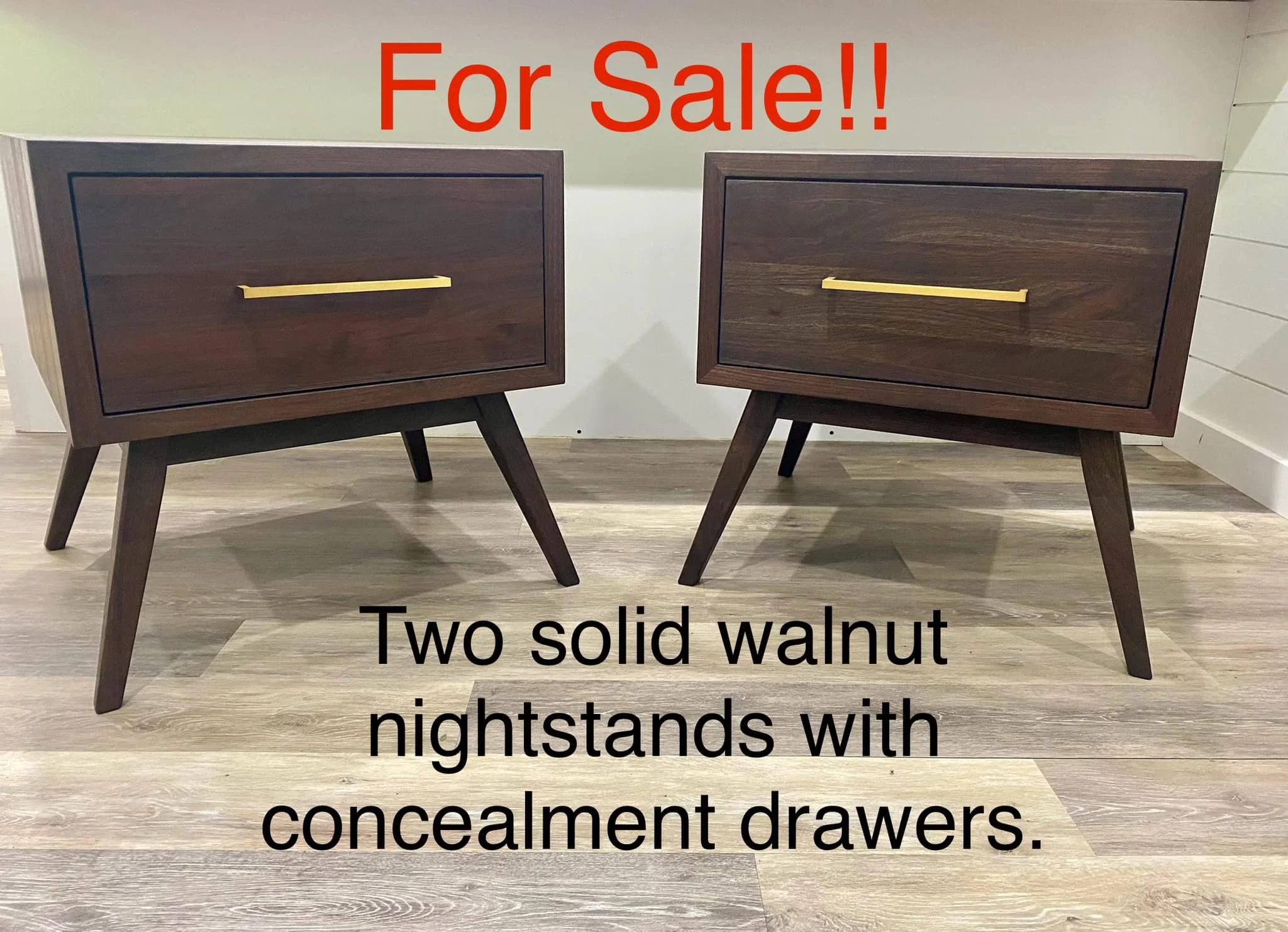 We are selling these 2 custom-made solid walnut nightstands/end tables with hidden concealment drawers! Fine furniture joinery, sealed with Rubio Monocoat finish, ball-bearing drawer slides. 

Original price: $1,500 for both.

Reduced price: $1,200 f