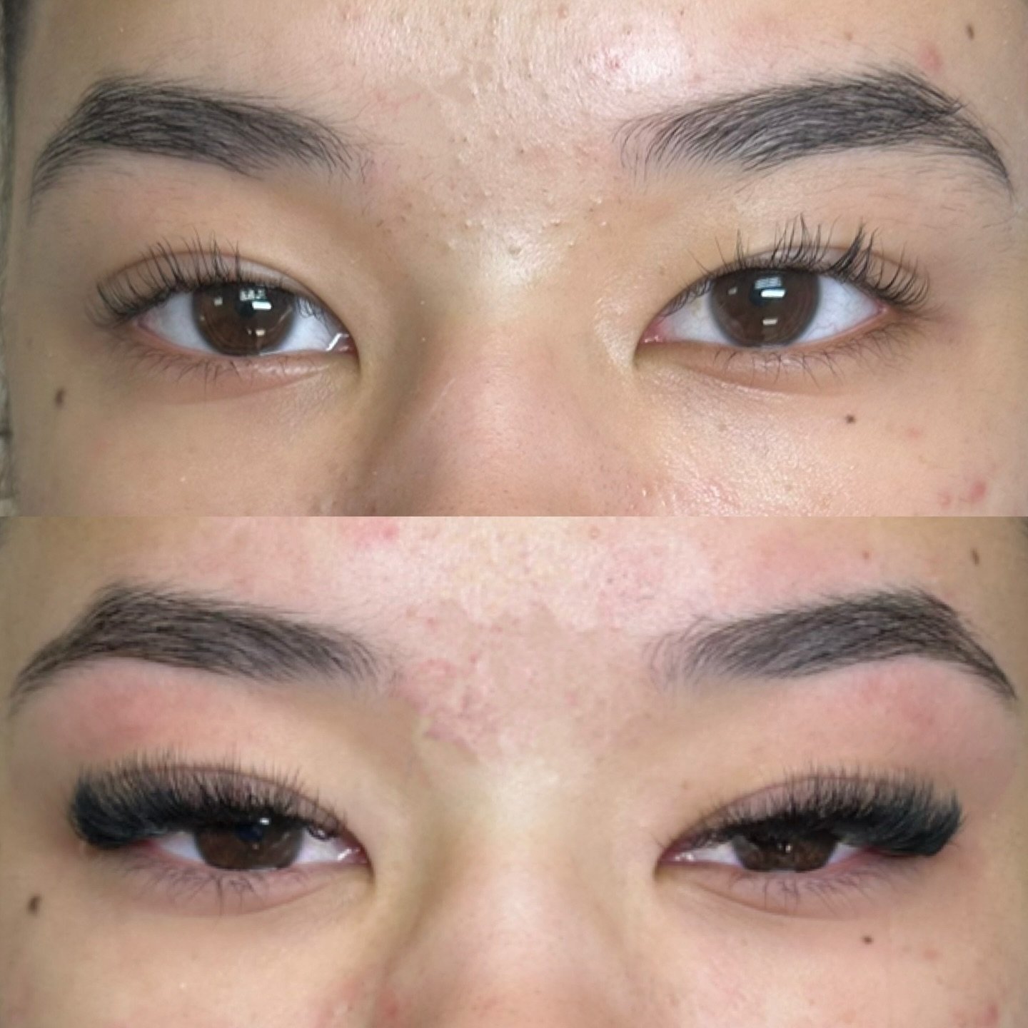 Before and After a Volume Lash Set and Brow Design by Jin. Lash Extensions are shorter in length so as not to consume the entire eyes. Lengths are .08mm-.11mm Curls are CC