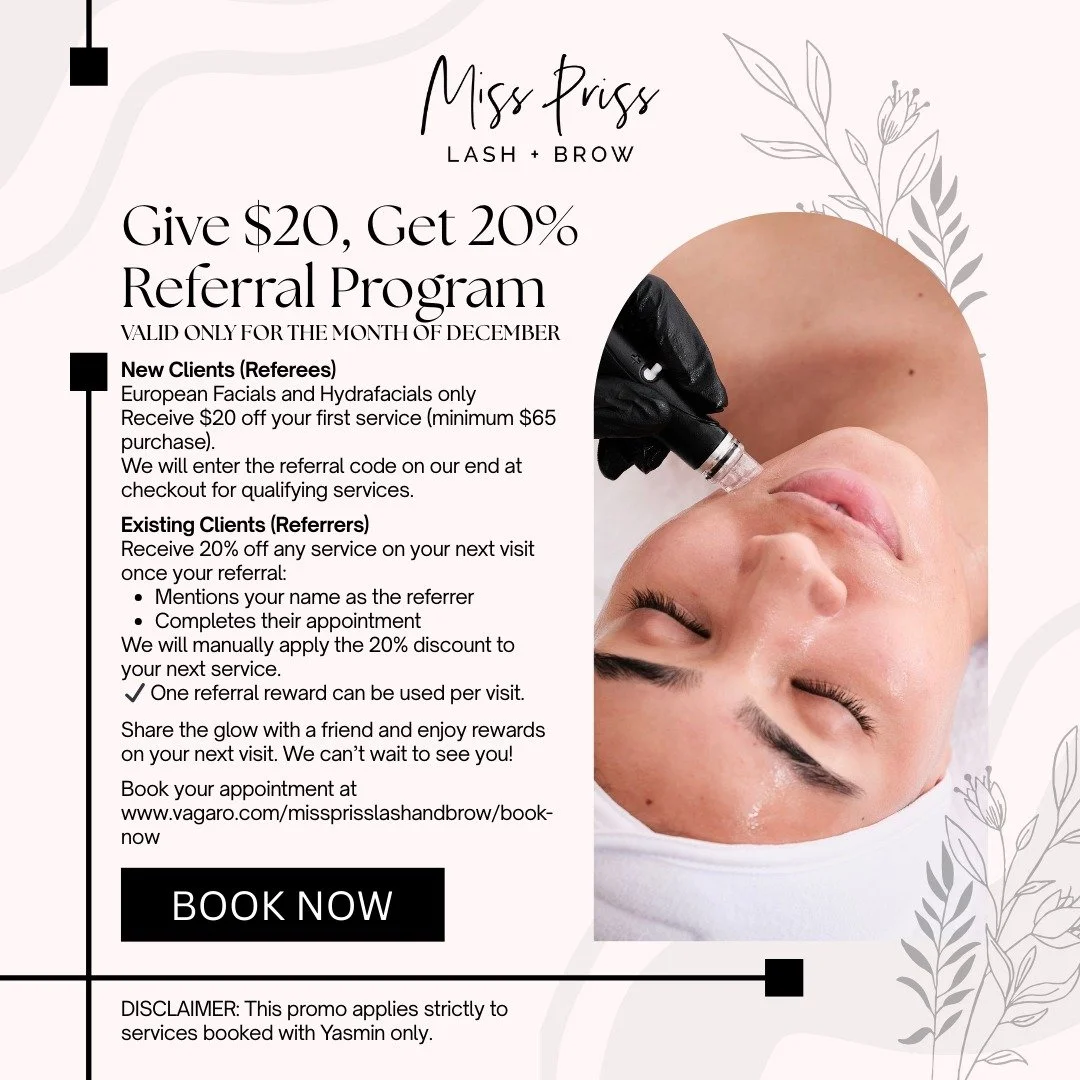 December is the perfect month to share the glow!
Send a friend to Miss Priss and they get $20 off their first service. Once they book and mention your name, you&rsquo;ll enjoy 20% off your next visit.
It&rsquo;s a win-win glow-up for both of you! 💗
