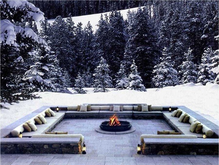 This would help with cabin fever. Alberta winters can feel long especially this year with so little travel options. I am currently researching outdoor fire pit areas for a client who wants to use it year round. Came across this beauty on Backyard Bos