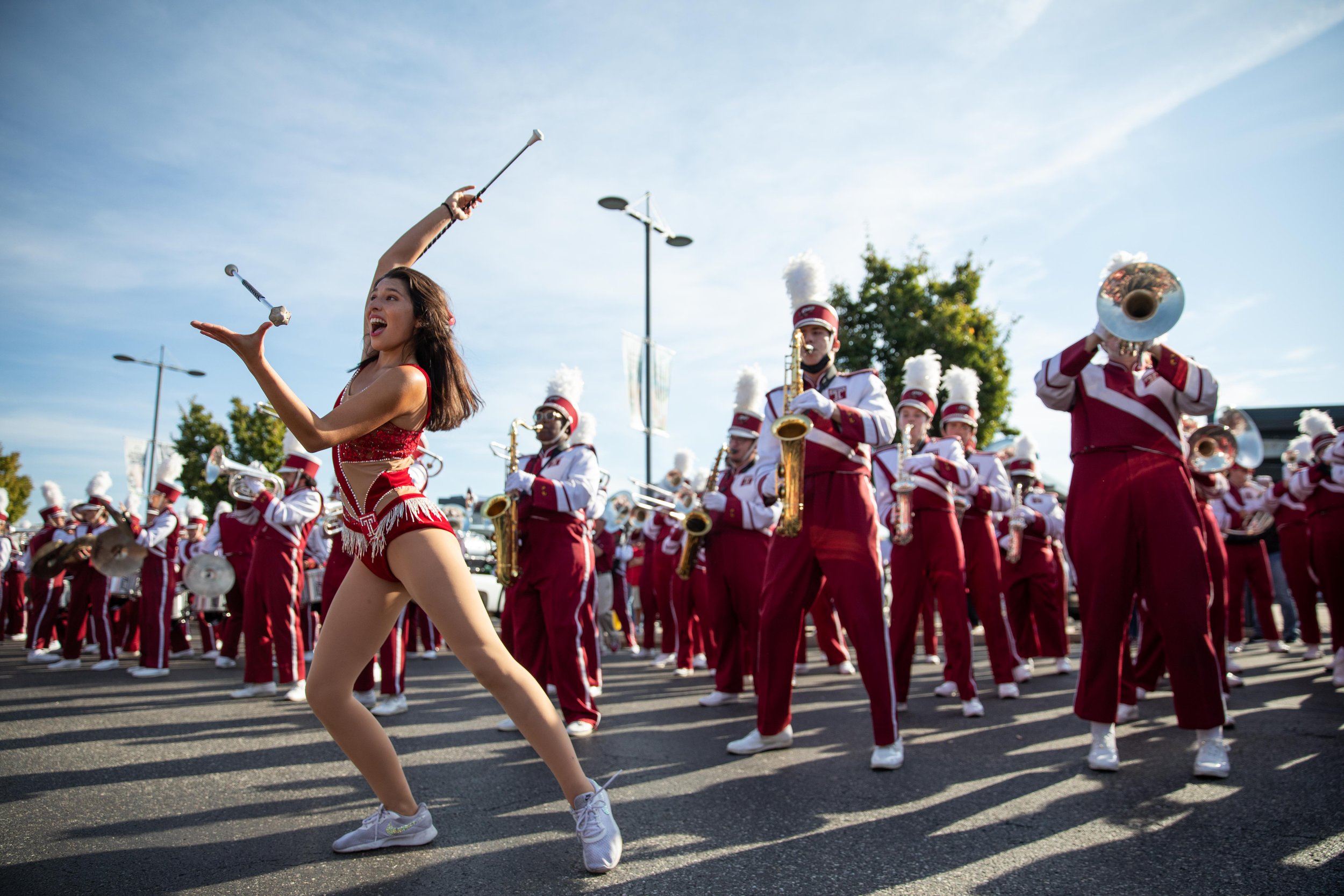   Temple University's marching band plays outside of Lincoln Financial Field in Philadelphia before Temple's homecoming game against the University of Memphis on October 2, 2021.  