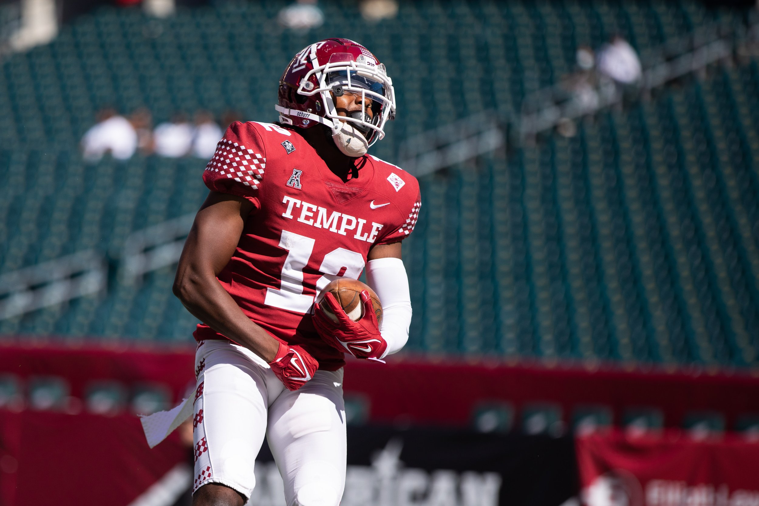   Kadas Reams, Temple University sophomore wide receiver, celebrates after he scores a touchdown during a Temple Owls game against Wagner College at Lincoln Financial Field on Sept. 25, 2021.  