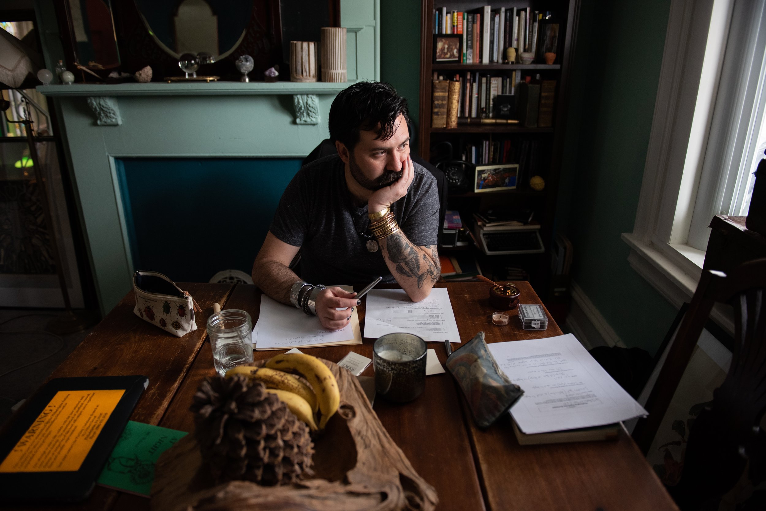   Carlos&nbsp;José&nbsp;Pérez Sámano, a writer and poet, takes time to himself to prepare for a therapy session at his home in West Philadelphia on Tuesday, April 5, 2022.  