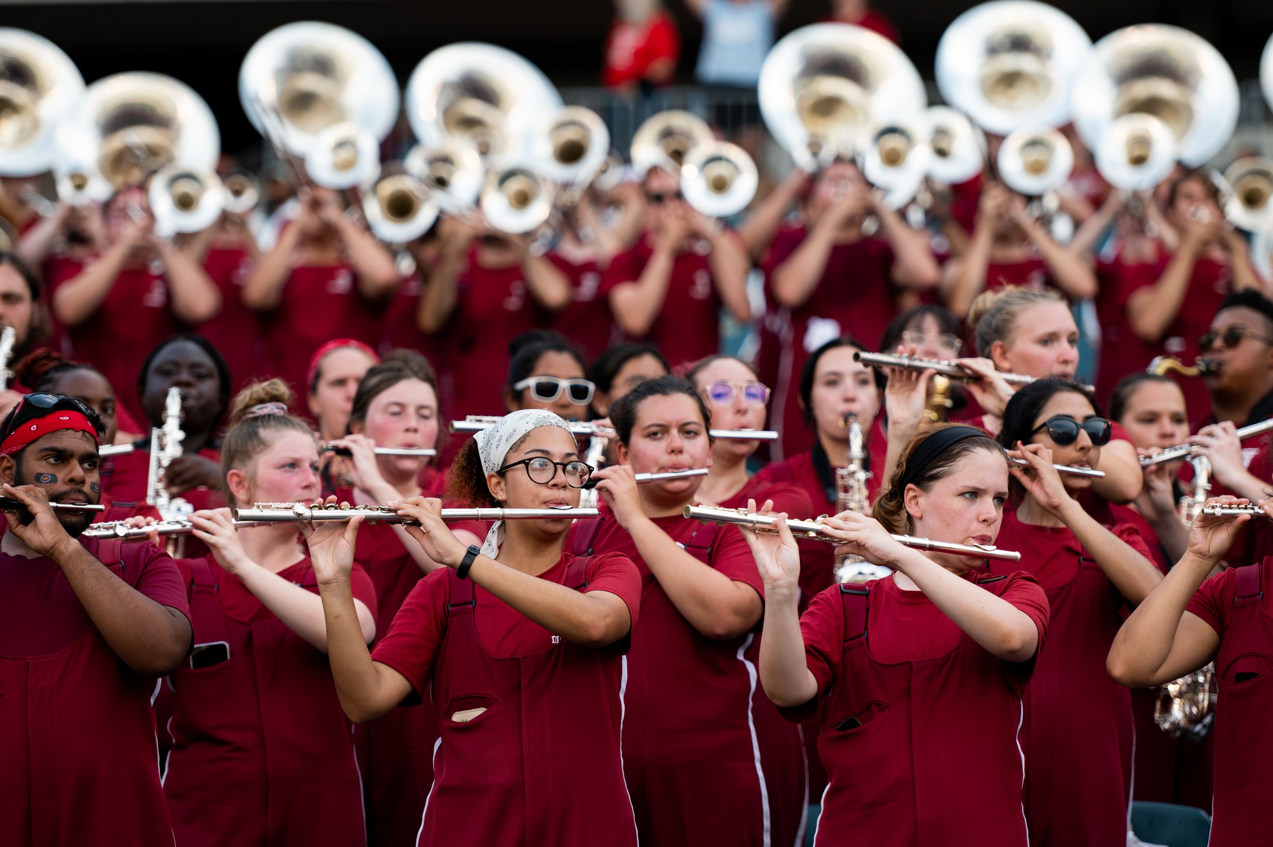   The Temple University marching band plays in the stands during the game against Lafayette College at Lincoln Financial Field on Saturday, Sept. 10, 2022.   