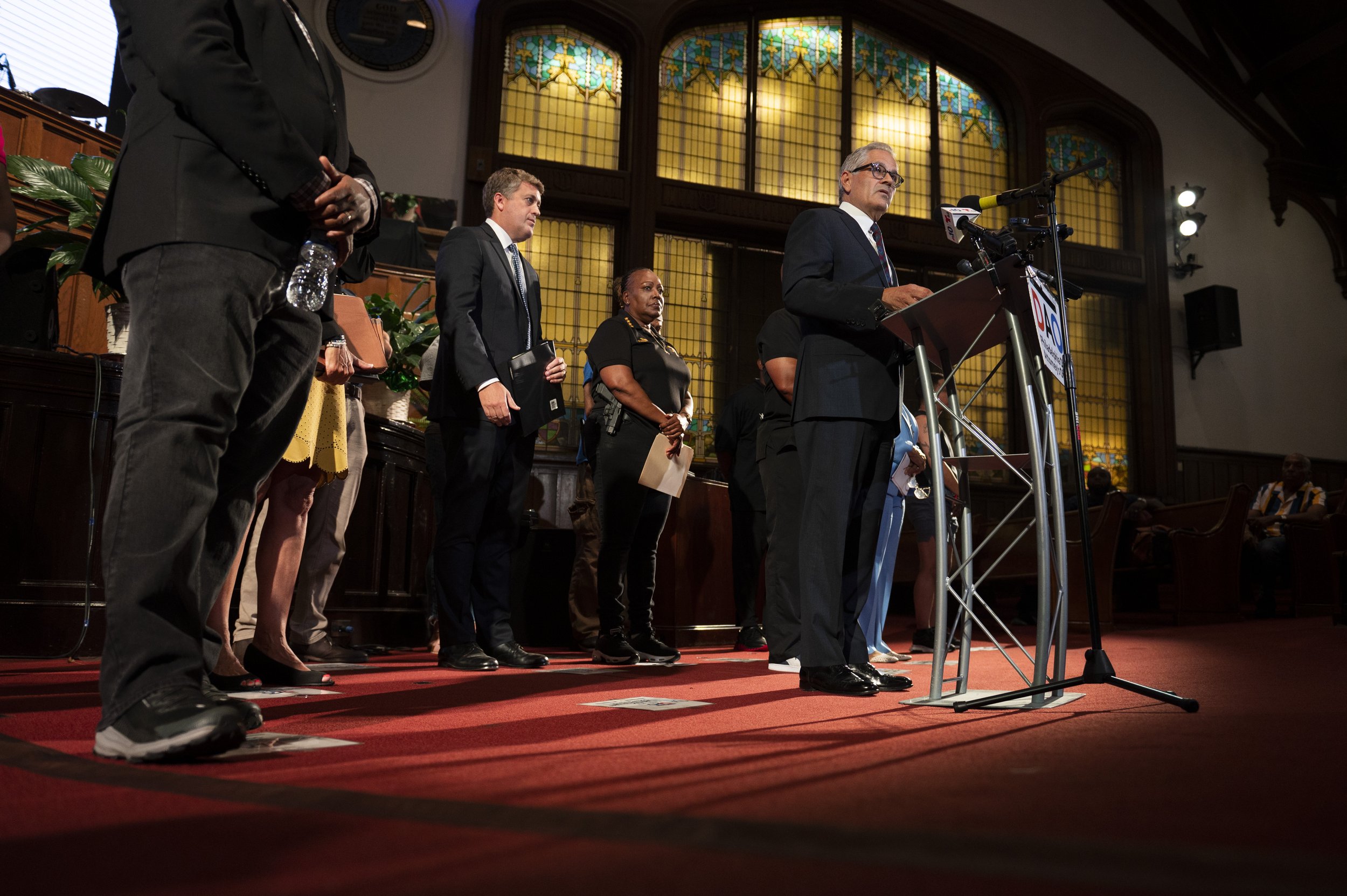   District Attorney Larry Krasner speaks at a press conference with members of his office, elected officials, and community partners at Salt and Light Church on Wednesday, July 5, 2023 to provide an update to the Kingsessing mass shooting that occurr