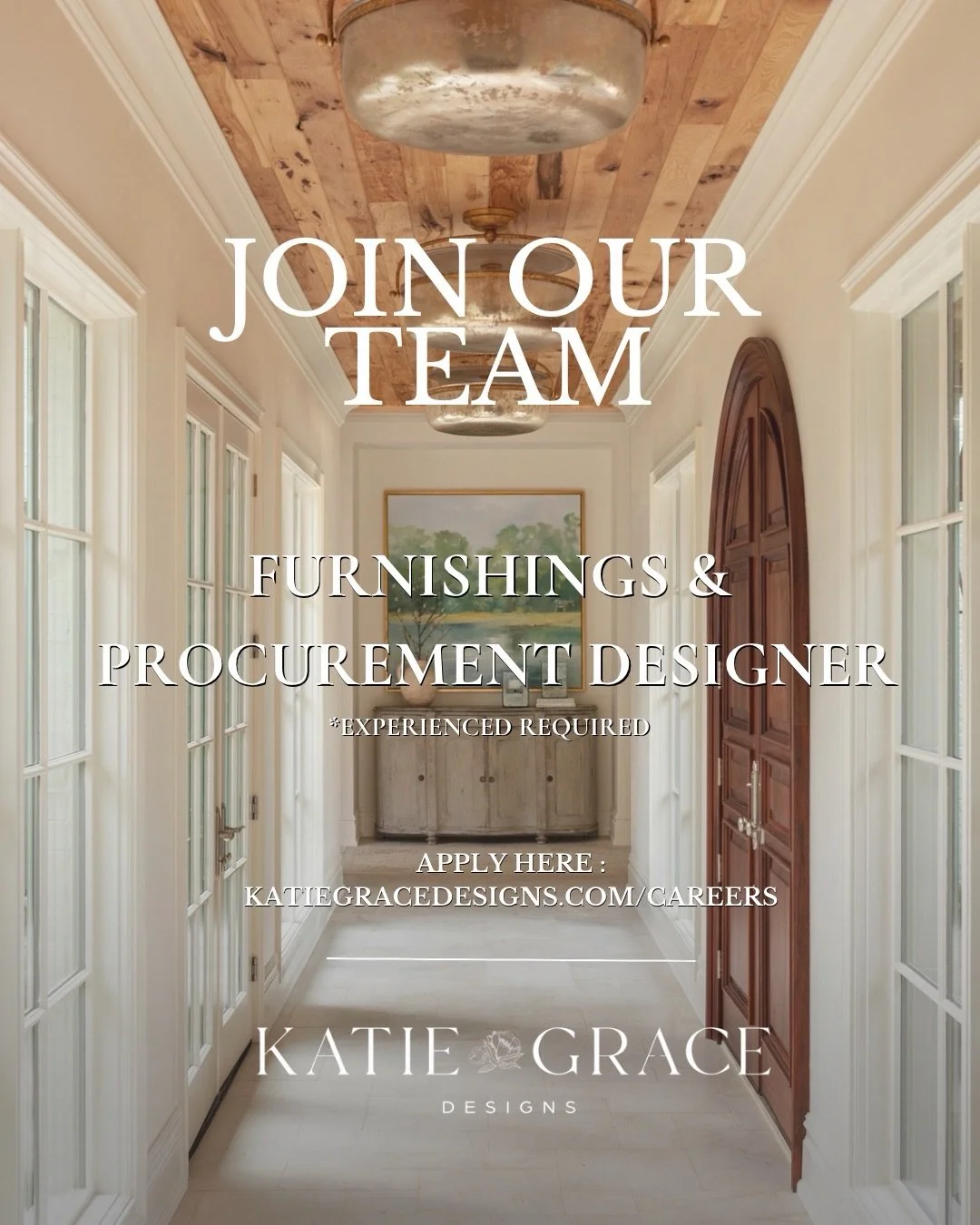 We&rsquo;re growing our team. 🤗

Katie Grace Designs is seeking a Furnishings &amp; Procurement Designer to support the sourcing, ordering, and installation of furnishings across our residential projects.

This role is ideal for someone who enjoys b