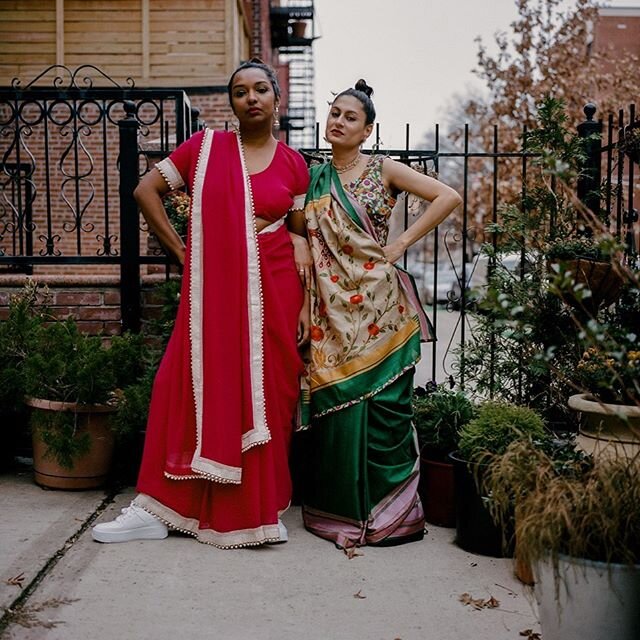 just your friendly, fashion forward  neighborhood aunties owning winter in their sneakers and saris. p.s - ICYMI check us out our in @huffpost as one of the 2020 culture shifters! #badbrownaunties 📸 @sashafoto