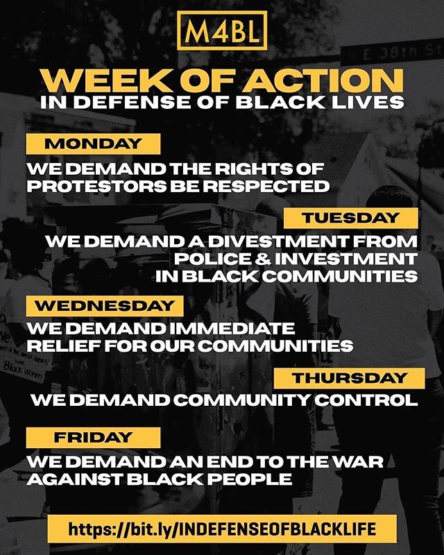 do yourself a favor and read more about @mvmnt4blklives demands for this week. Go to m4bl.org . Do the work of learning more about black-led police and prison abolition work. #defundpolice #abolitionnow