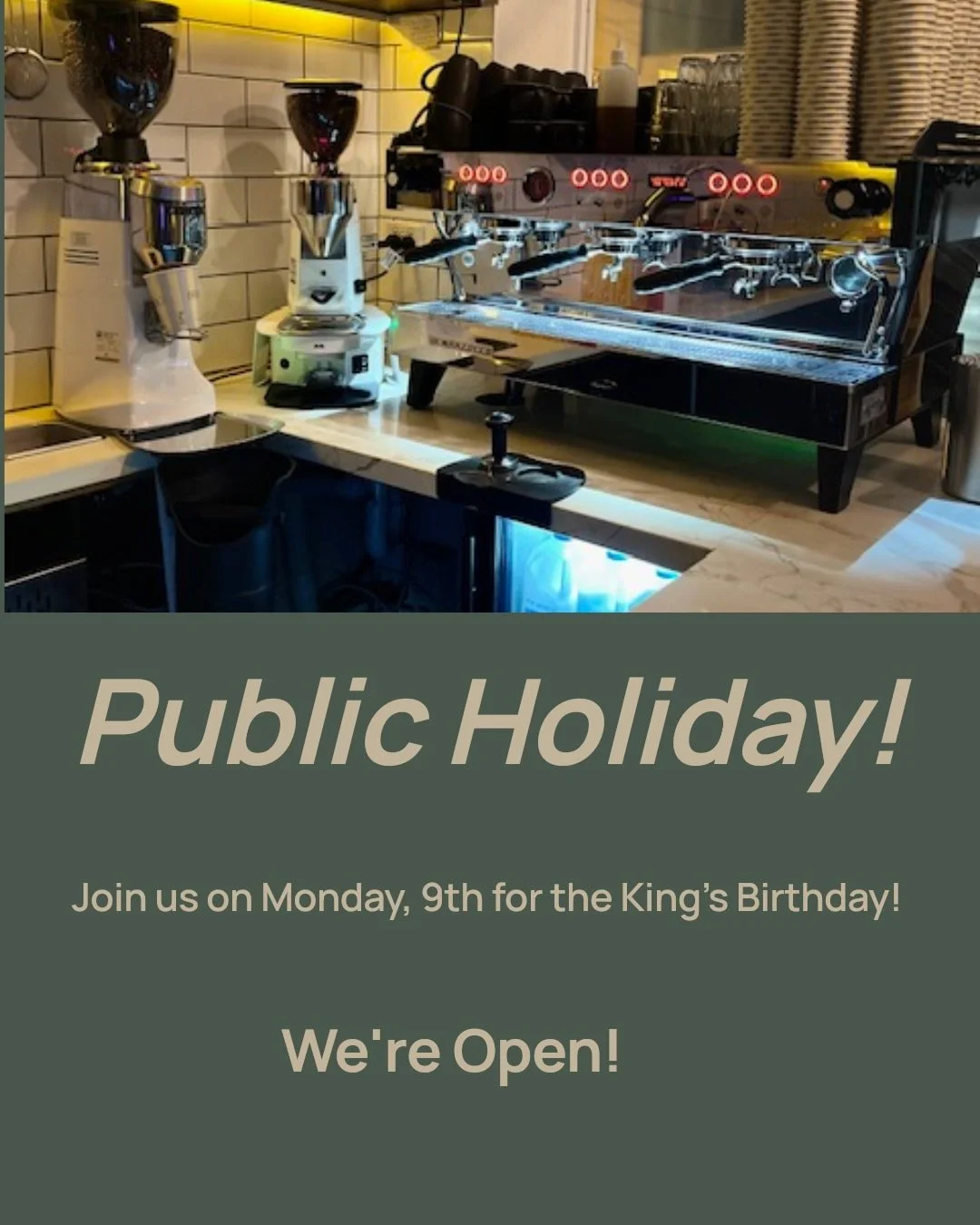 This Monday, the 9th, is the King's Birthday, and we're OPEN! 
Limited seating available 
Open from 7:30 until 14:30
We'll see you then.
#kingsbirthday 
#cafe 
#celebratelocal 
#armadalecafe  #armadalehighstreet