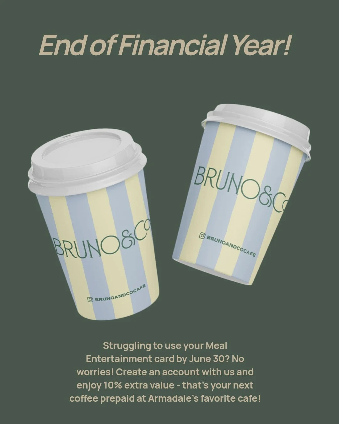 As we wrap up the financial year, it's the perfect time to maximize your Meal Entertainment Card! If you're struggling to use it before June 30, create an account with us and enjoy a 10% bonus! 
That means more coffee, more treats, and more delightfu