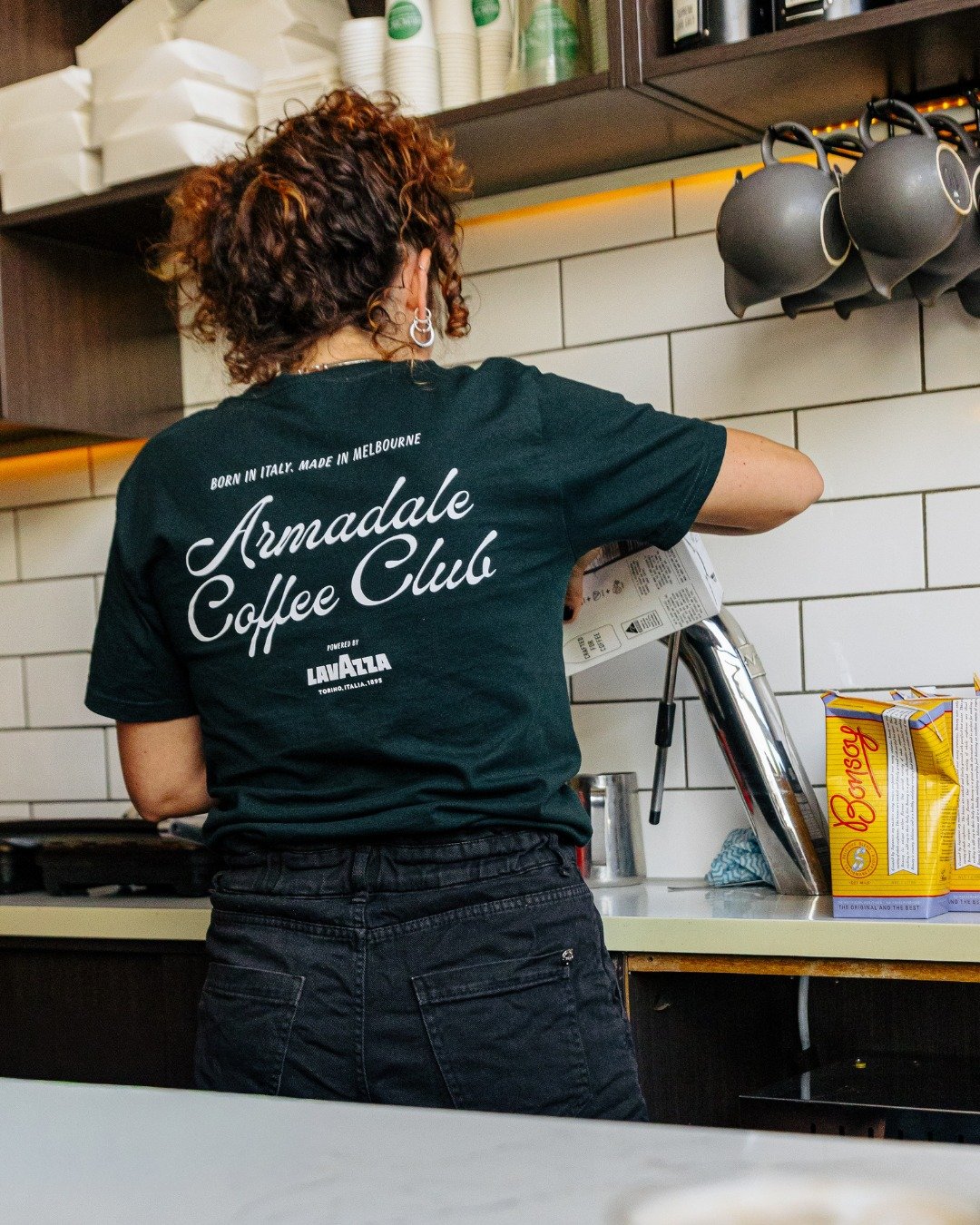 The back of the tee says it all really, born in Italy, made in Melbourne. 

We always love to see a new face, come join the club 😁☕️