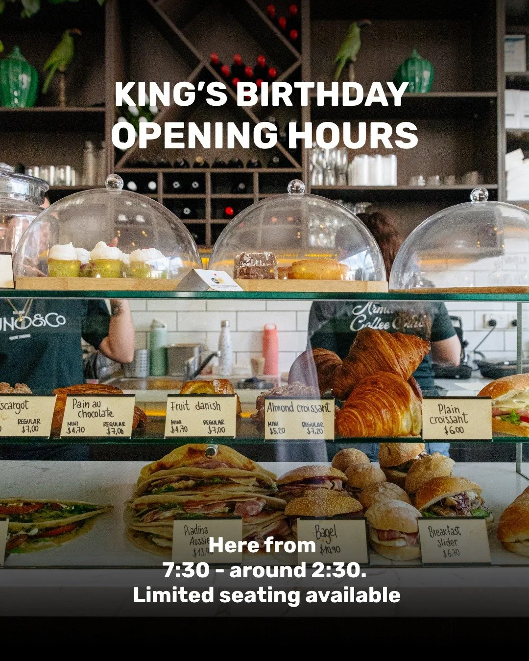 King's Birthday opening hours 👑

Here from 7:30 - around 2:30, limited seating, come say ciaooo! 👋