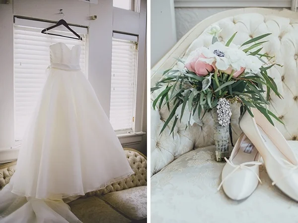 Elegant fluffy classic wedding dress and shoes