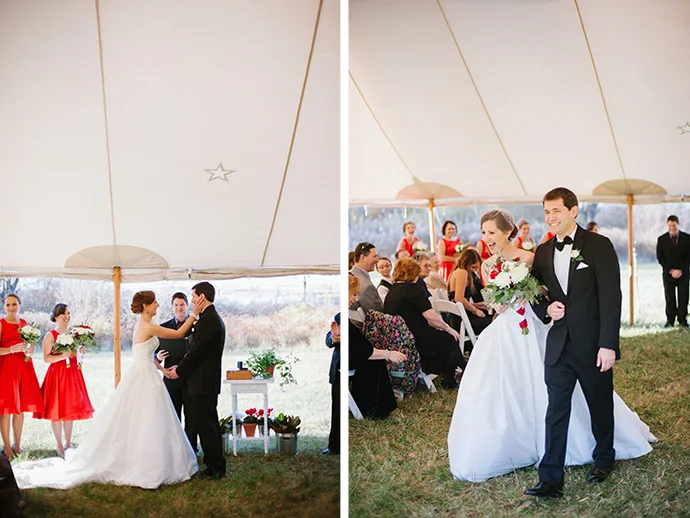 Tented wedding ceremony in the fall, bride groom