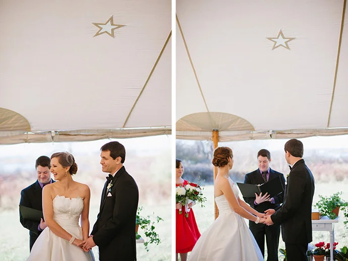 Tented wedding ceremony in the fall, bride groom