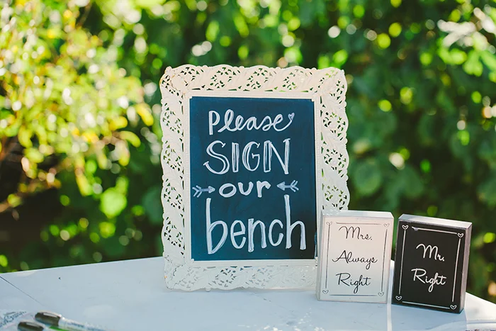 Cute guest book idea – instead of a book, a bench!