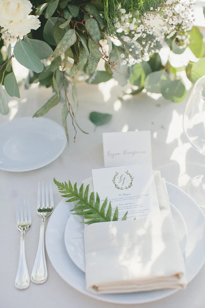 White and green wedding tablescape decor