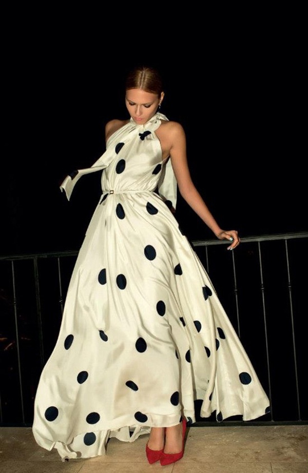 white polka dot wedding dress