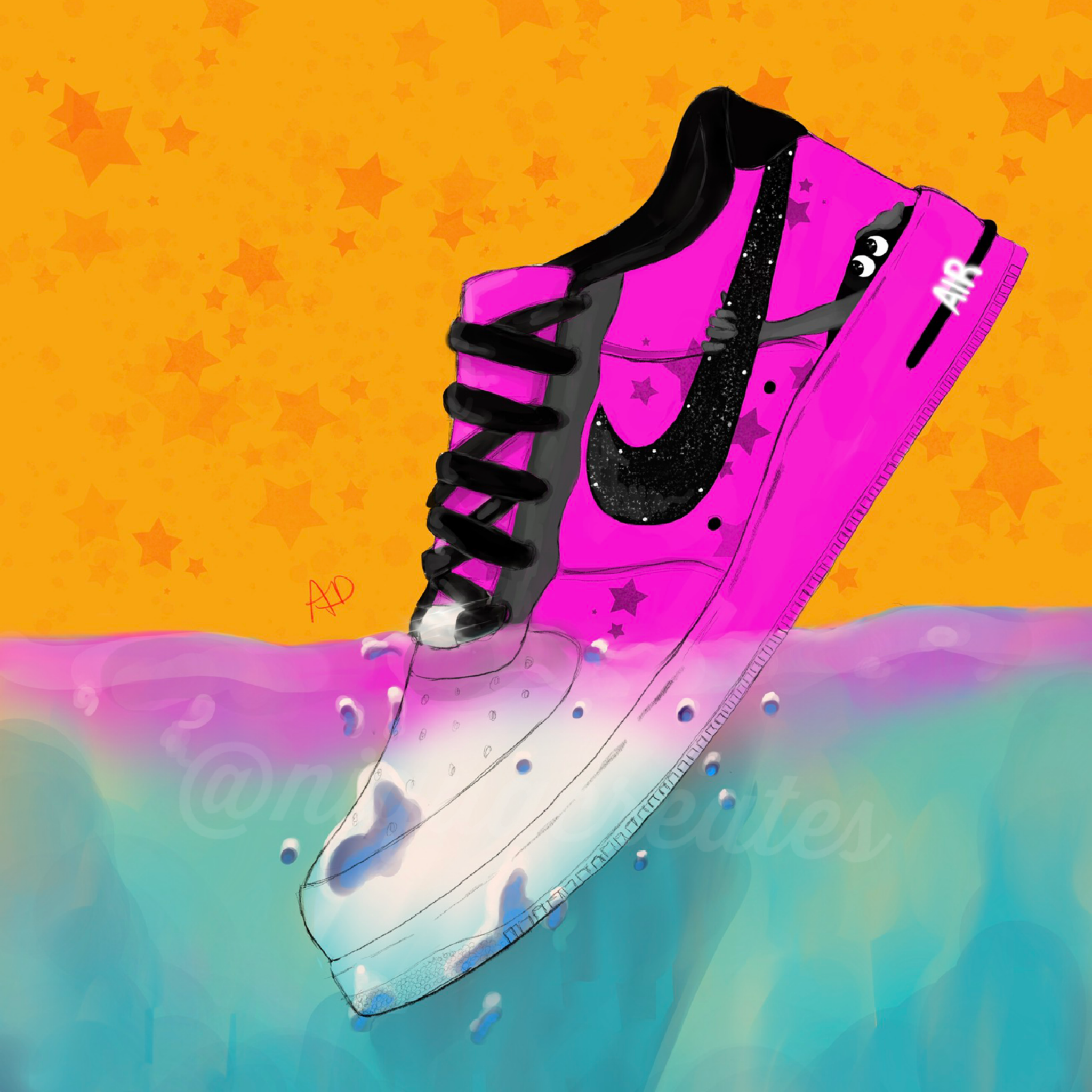 Illustration of a pink and black sneaker with star details, partially submerged in colorful water, against an orange background with star patterns.