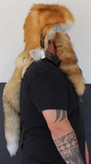 Red Fox Mountain Man Fur Hat with 3 Tails (side).JPG