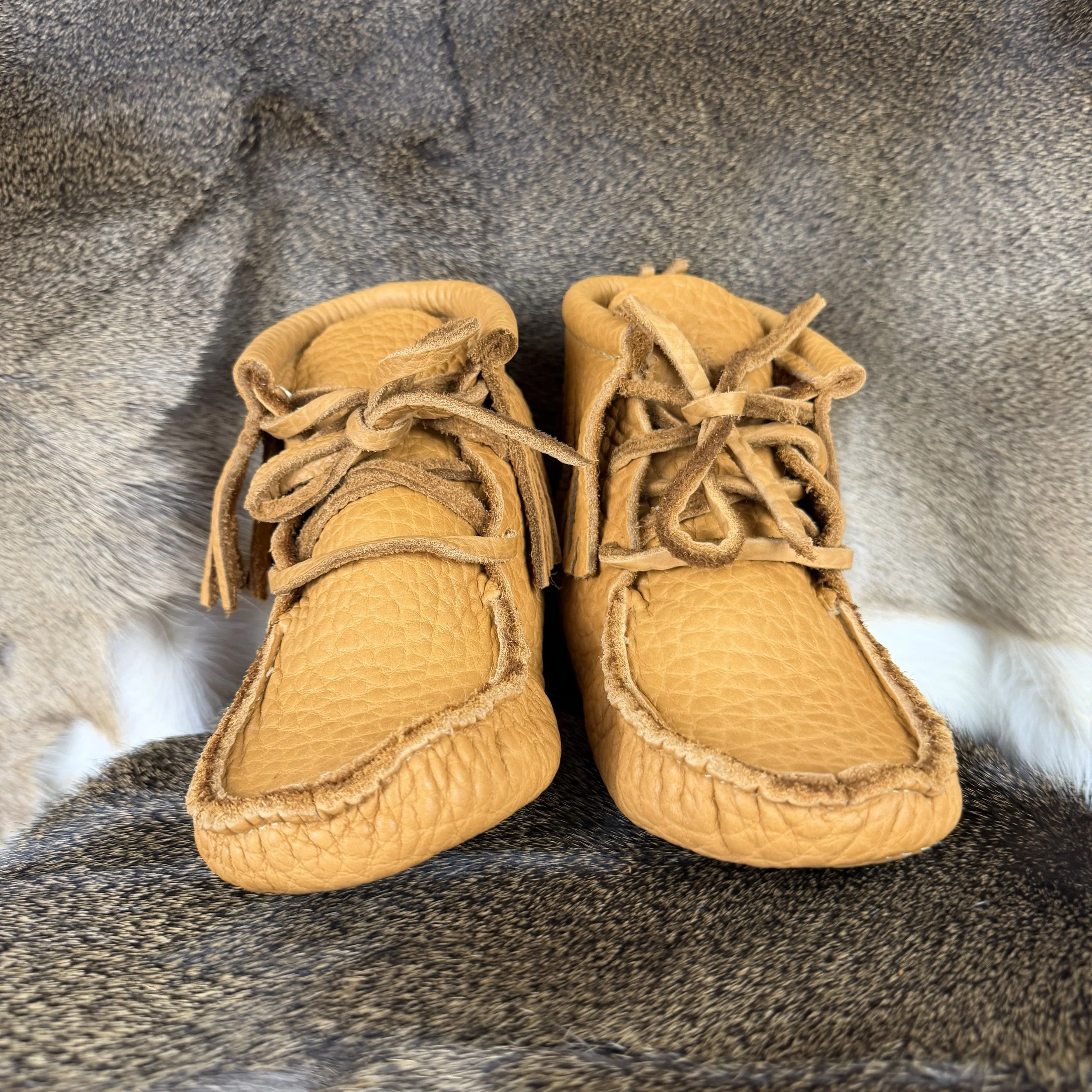 Bison Leather High Top Moccasins with Fringe