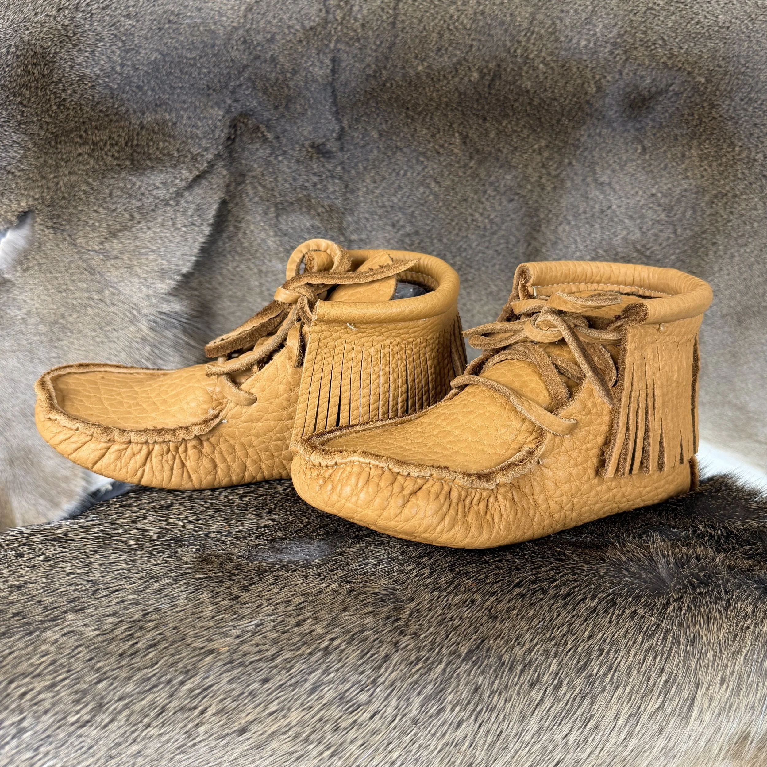 Bison Leather High Top Moccasins with Fringe