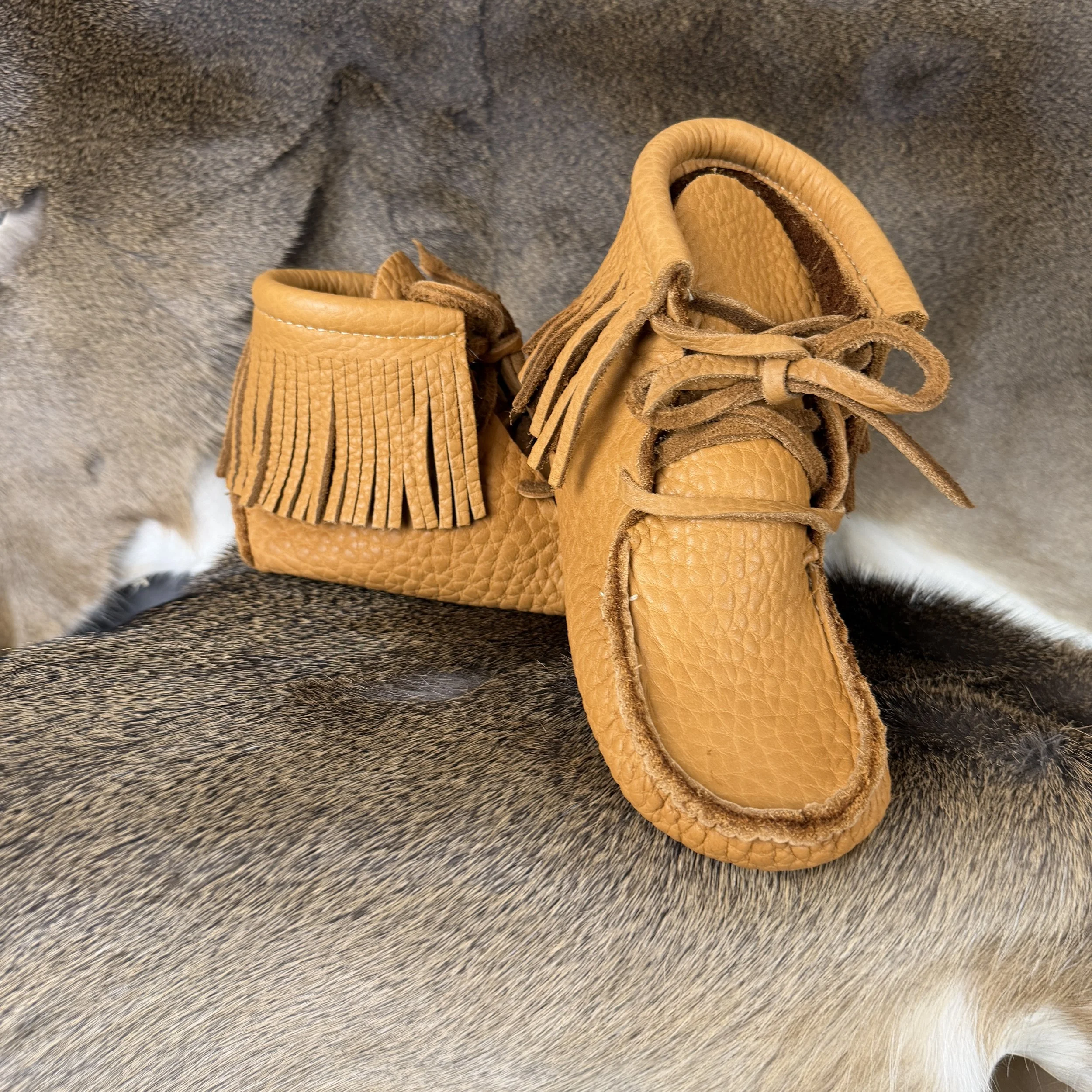 Bison Leather High Top Moccasins with Fringe