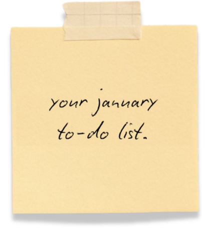 Yellow sticky note with handwritten text that says, "your january to-do list," taped to a surface.