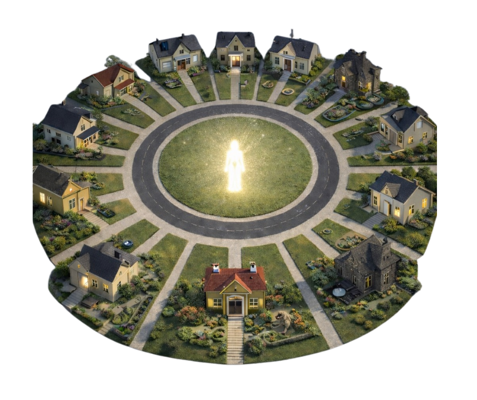 Model of a neighborhood with individual houses arranged in a circle around a glowing angel figure in the center, with pathways and gardens surrounding each house.
