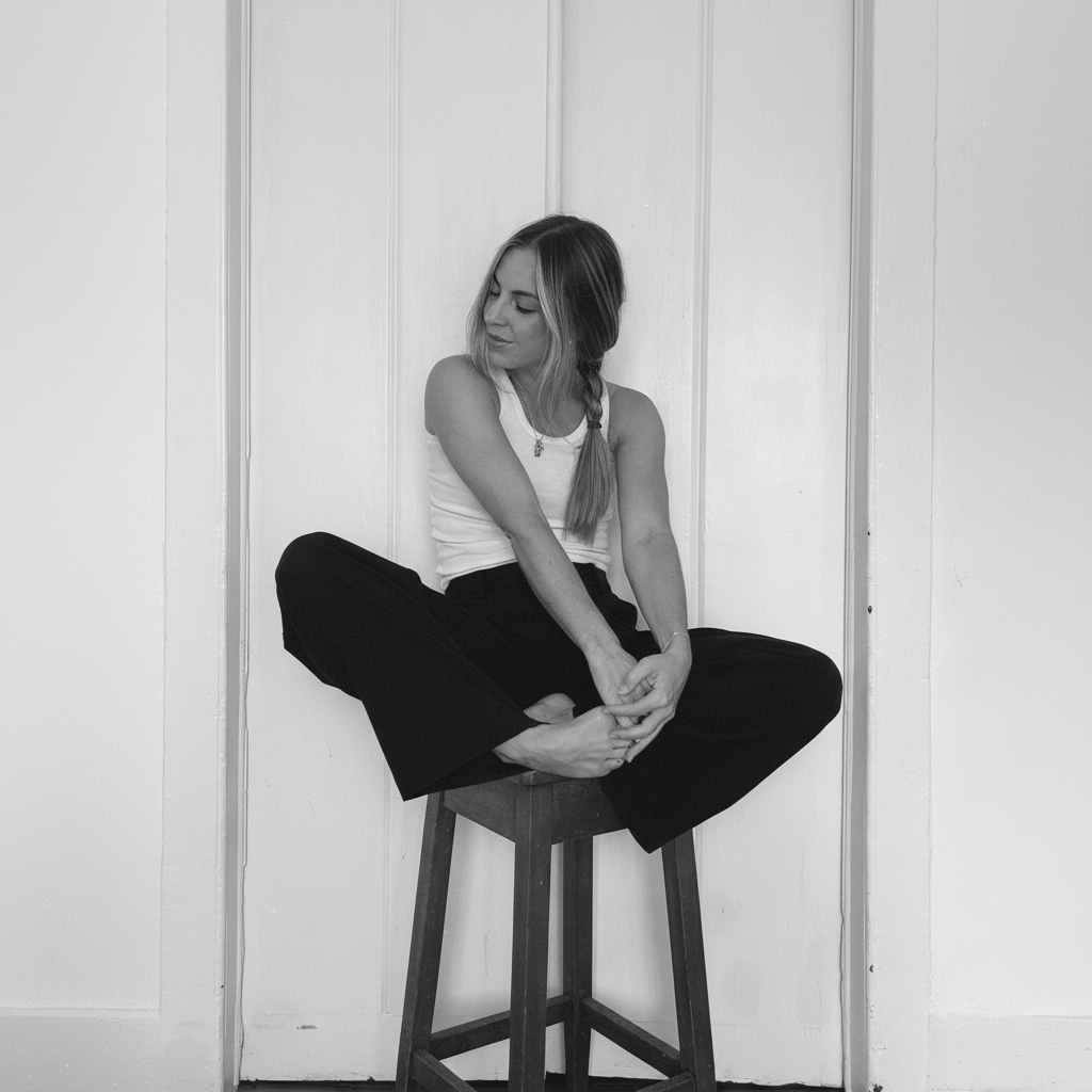 A woman with long hair sitting barefoot on a wooden stool, with her legs crossed in front of a plain wall.