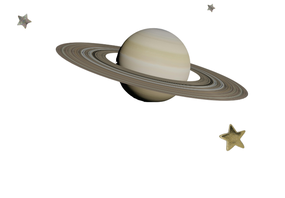 Saturn with its rings, three stars in space, some of which are glittery
